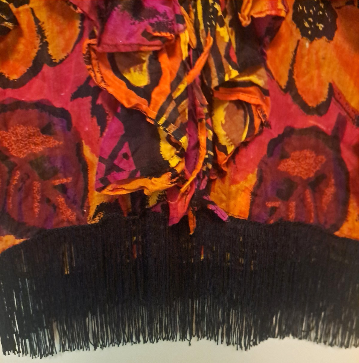 Vintage Salsa Top Ruffled Sleeves Floral Fringe Orange Pink Western Dance Boho L