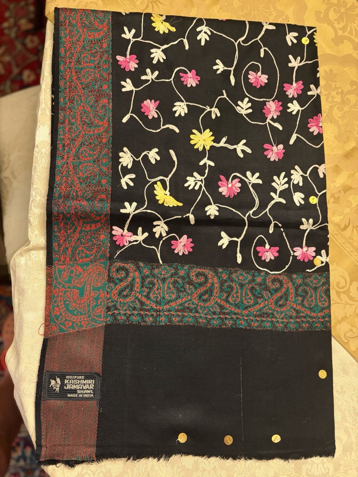 Vintage Kashmiri Jamawar Shawl 100% Pure Wool Black Floral Embroidered Wrap