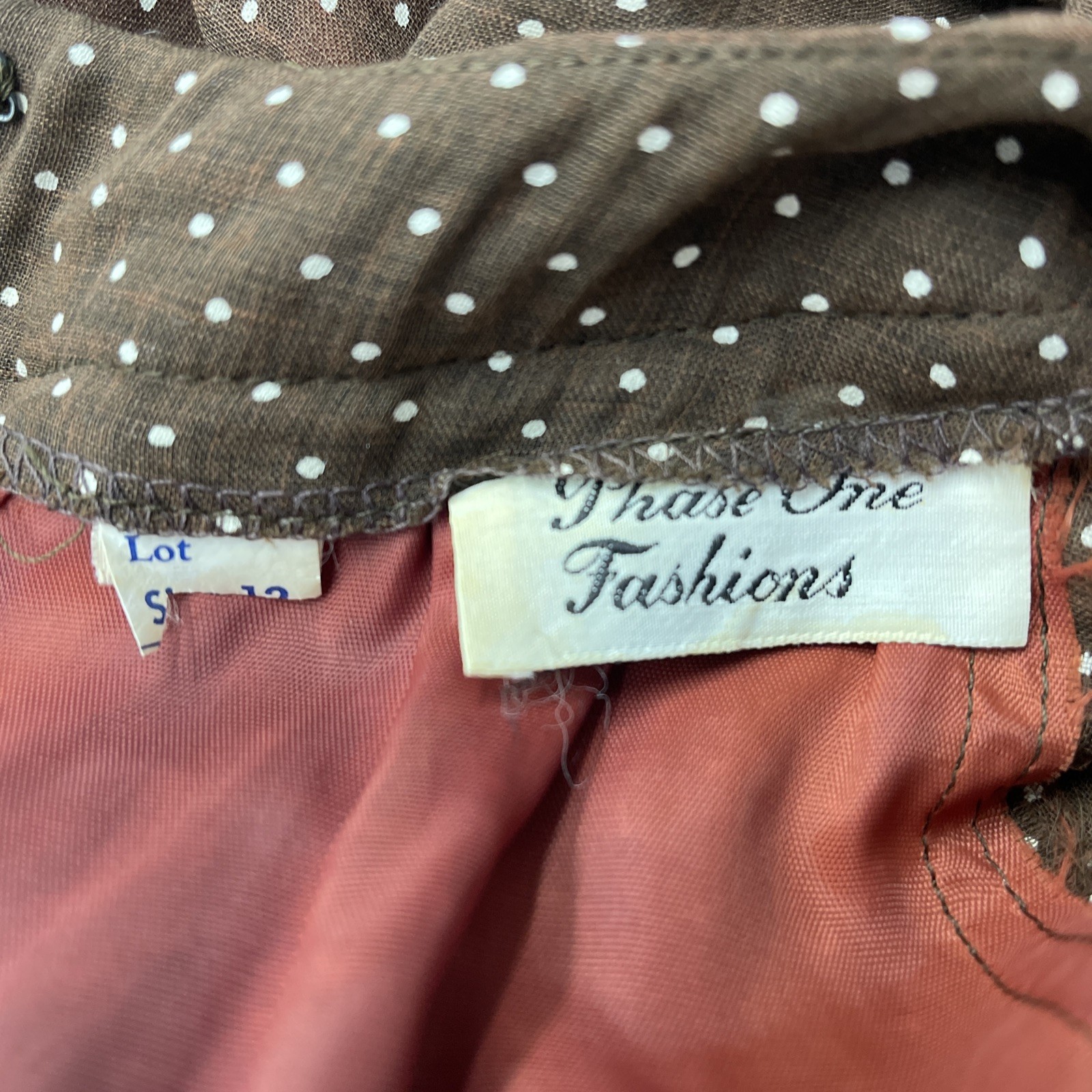 Vtg Brown White Swiss Dot Sz 12 Fit/Flair Long Sleeve Sheer Lined Twirl Retro