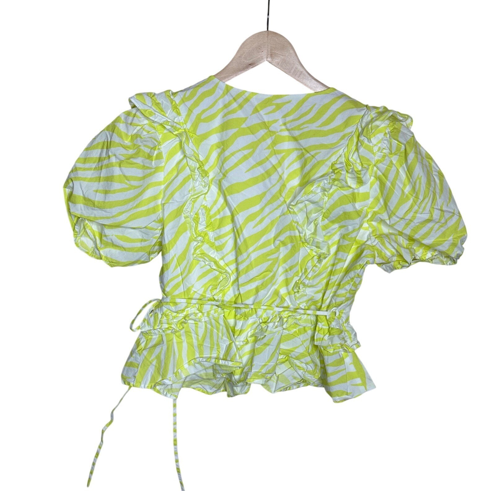 Skies Are Blue Zebra Print Peplum Overlap Top size Large Lime Yellow/White
