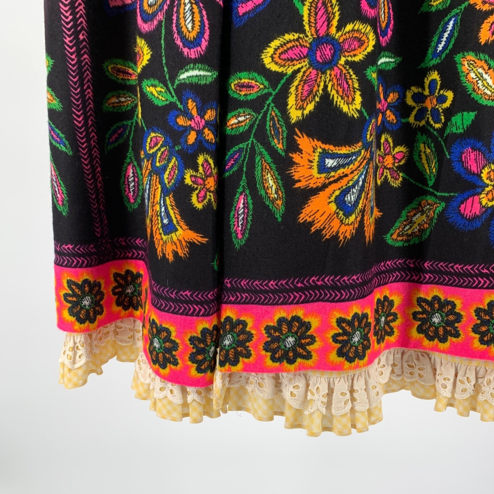 Vintage Joseph Magnin Floral Wrap Skirt Black Neon Pink Gingham Lined Boho 9