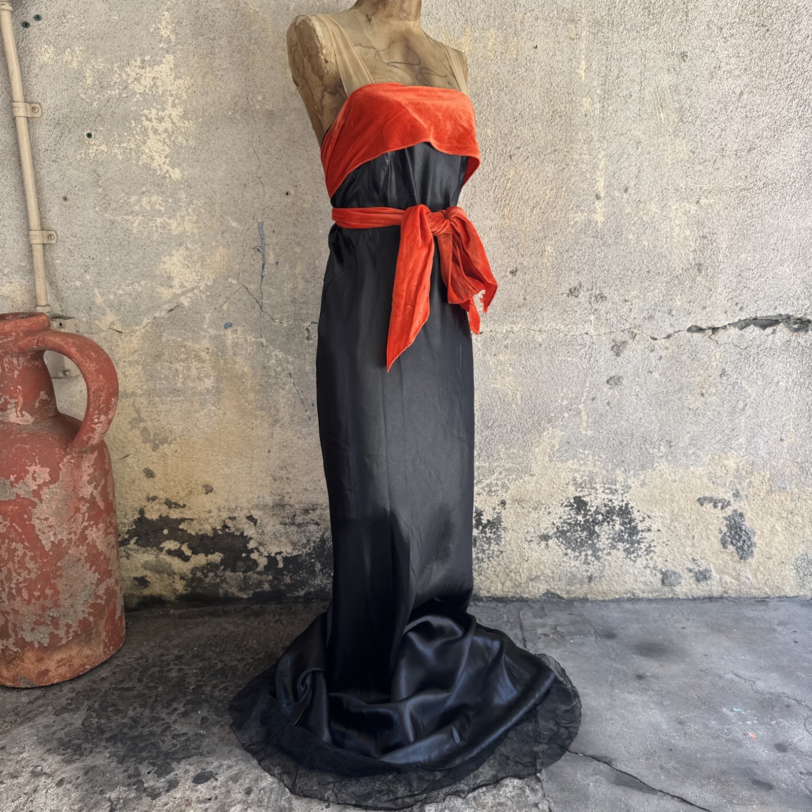 Vintage 1930s Black Silk Satin Dress Orange Silk Velvet Bow Wrap Lace Trim Bias