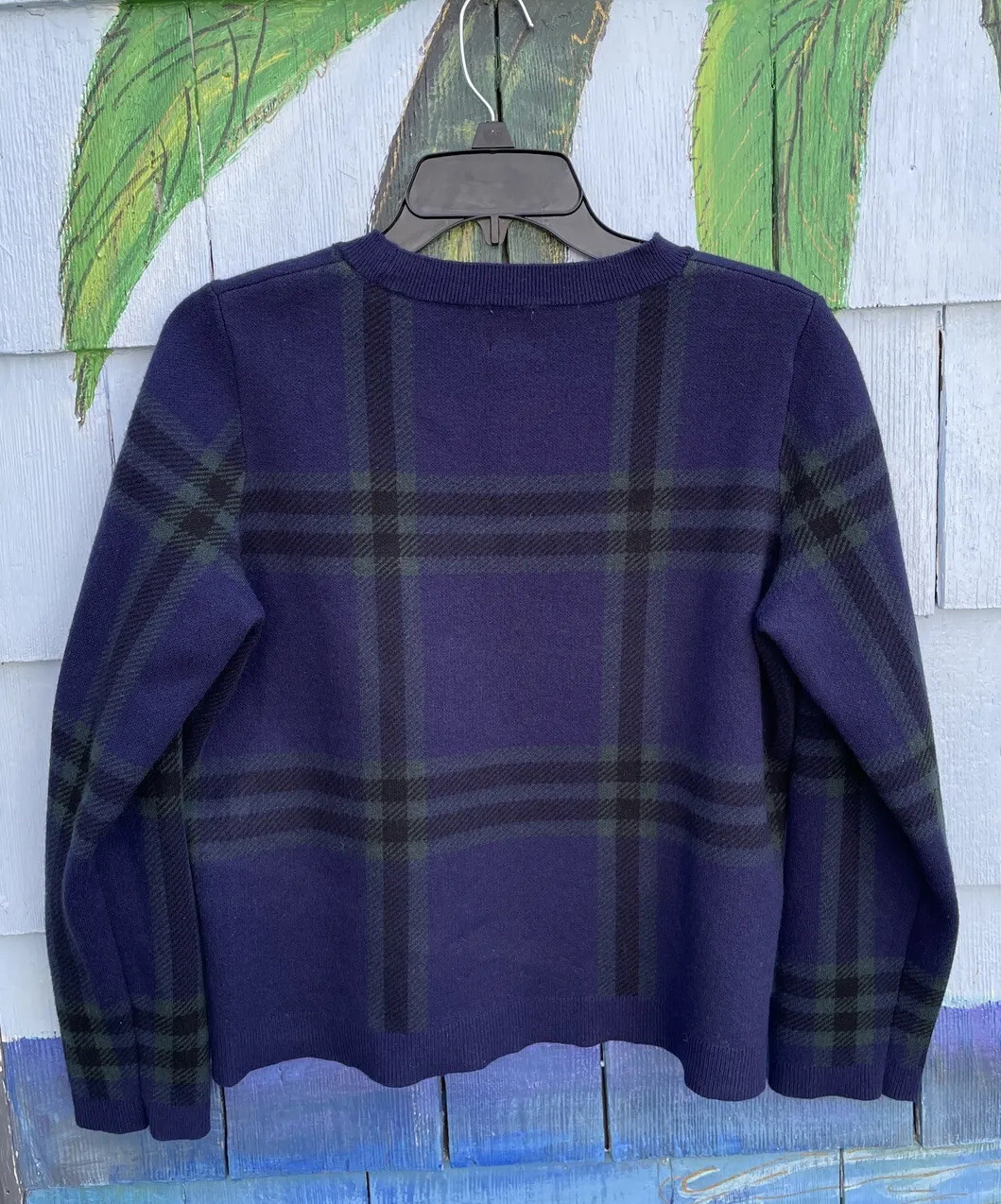Anne Klein Tartan Blue Plaid Crop Round Neck Boxy Women’s Vintage Sweater Size L