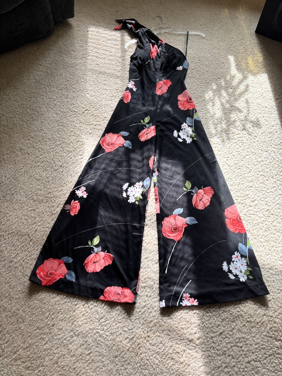 Vintage 1970s Fredericks of Hollywood One Shoulder Wide Leg Jumpsuit Black Red