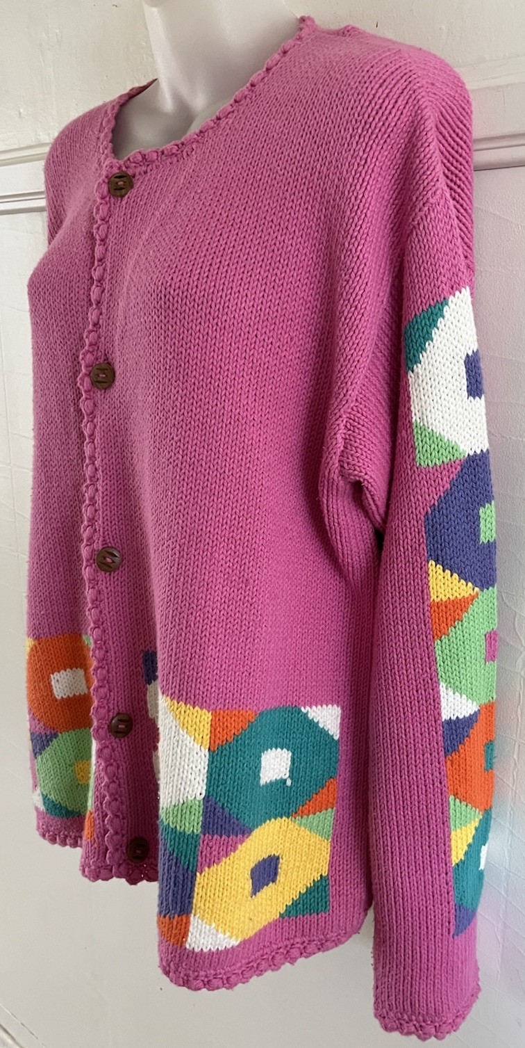 Vtg 90s REY WEAR Bolivian Hand Knit Bold Geo Candy 🍭 Pink Cardigan Sweater-M/L