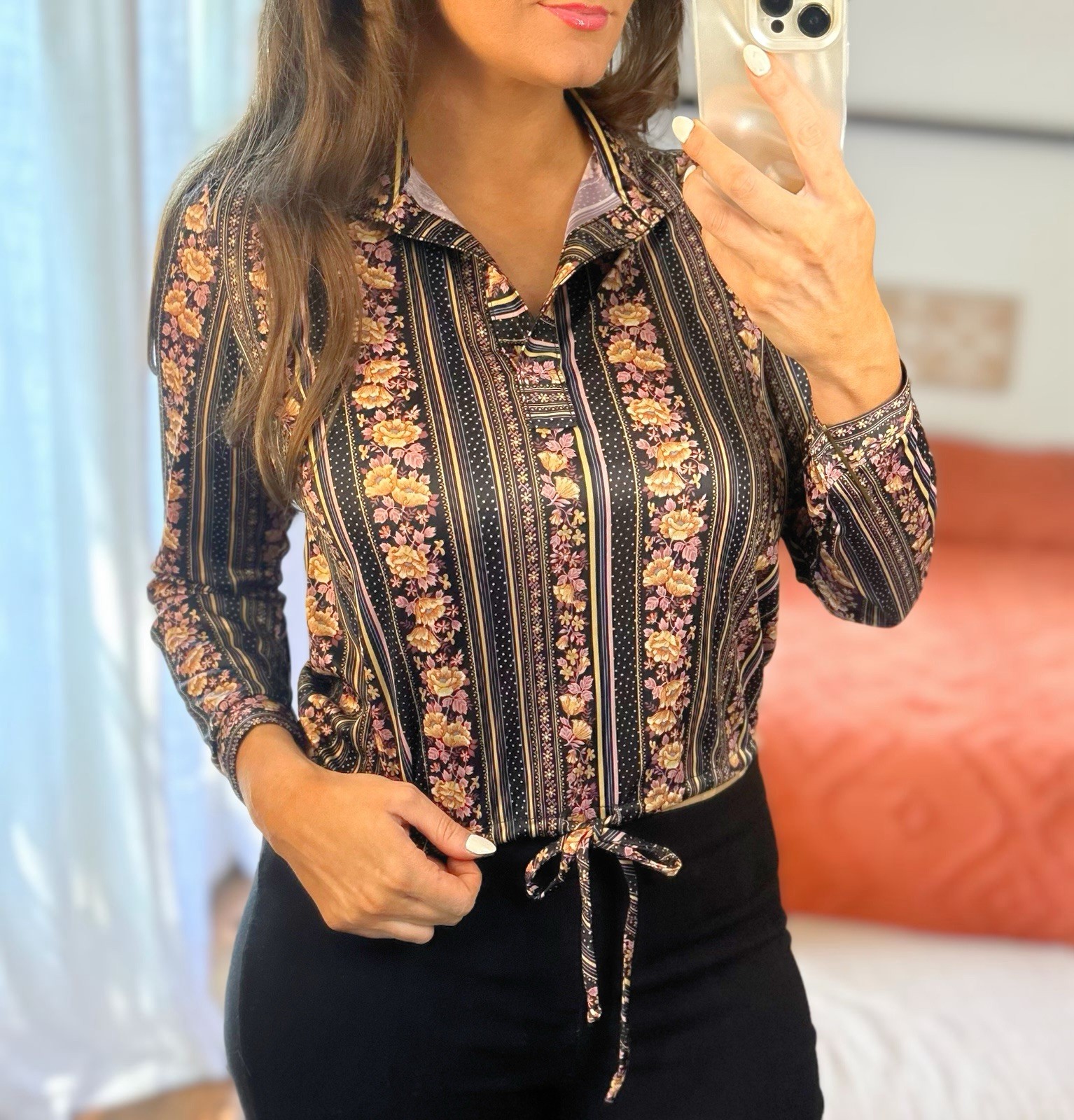 Vintage 70’s Donnkenny Size 12 Black Floral Striped Long Sleeve Tie Waist Blouse