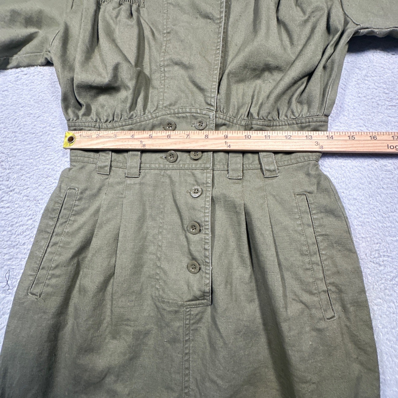 Vintage Nok Nok Dress Womens M Army Green Military Inspired Ramie Cotton Midi