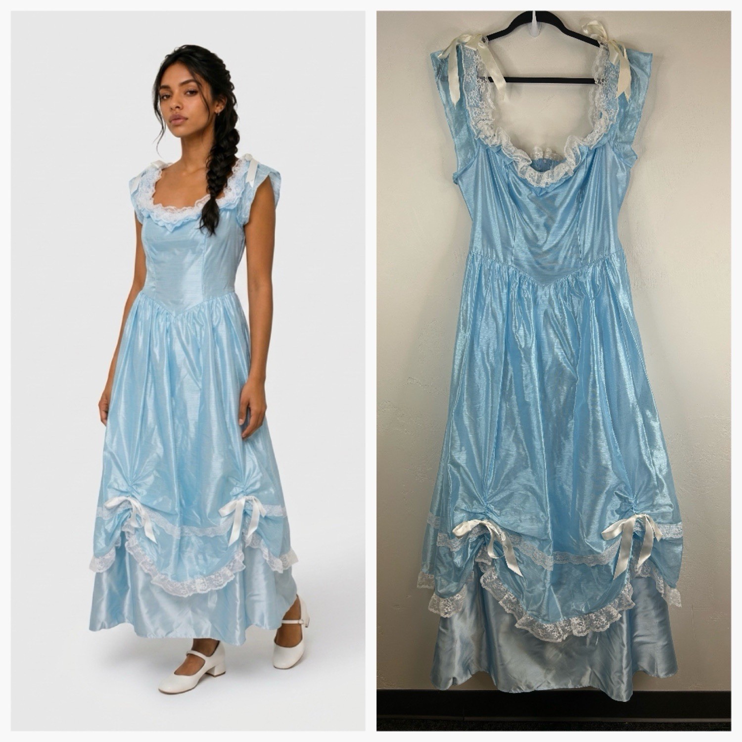 Vintage 70s Formal Blue Satin Gown Lace Trim Bows Princess Theatrical Costume