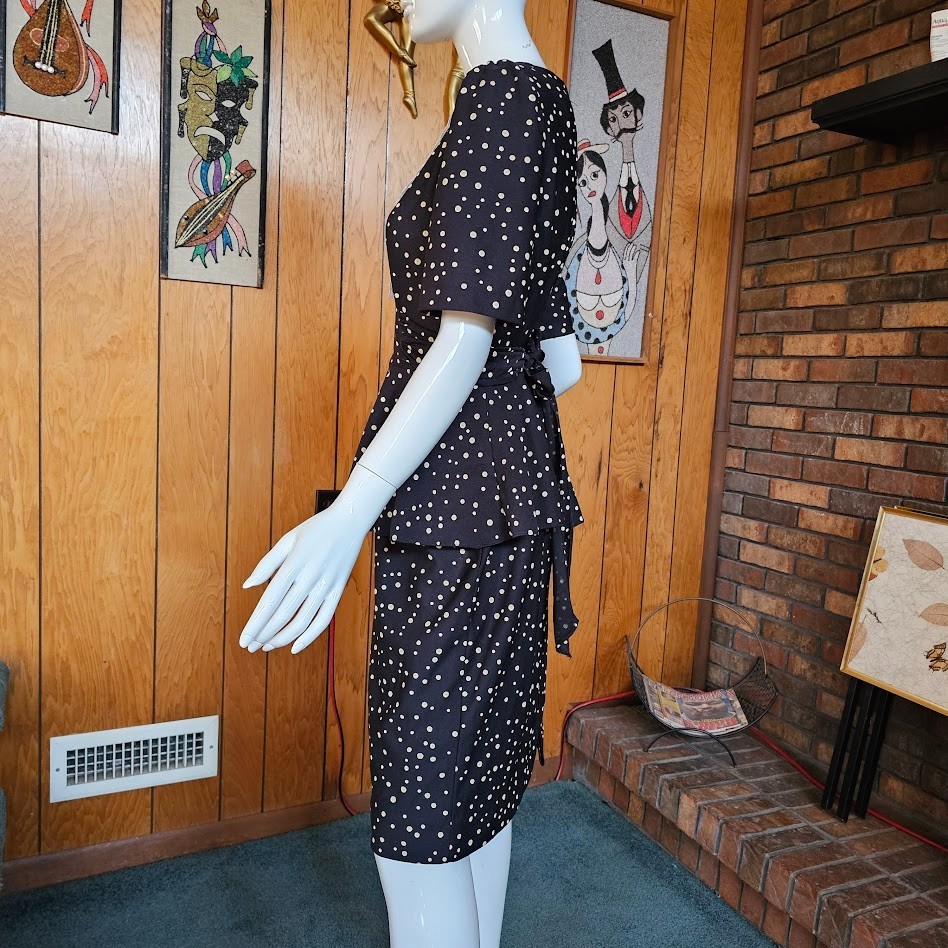 Vintage 80s New Wave Granny Polka Dot Peplum Secretary Lace Bib Day Dress M/L
