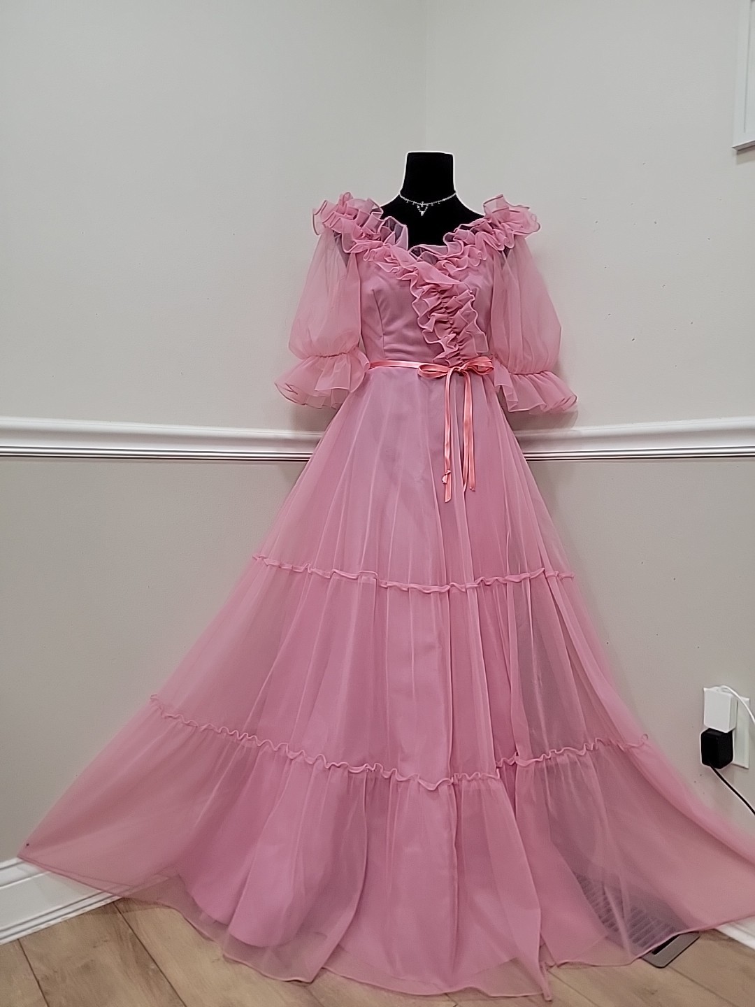 VTG Dance Allure Pink Chiffon Gown Formal Southern Belle Prom Prairie Dress