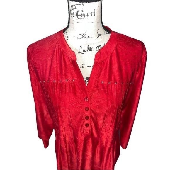 Shannon Ford New York Red Jacquard Studded Pintuck Tunic Blouse 3/4 Sleeve Large
