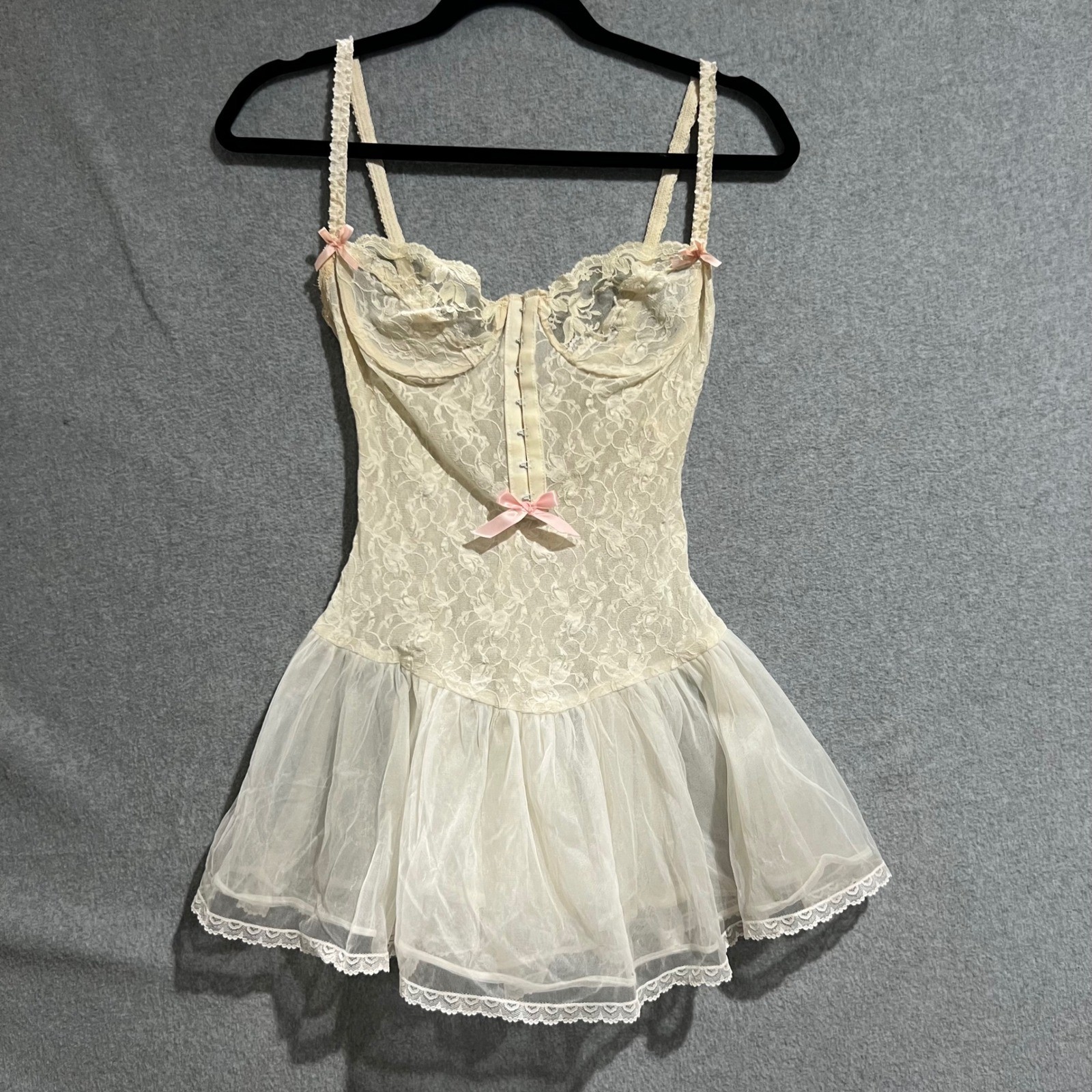 Vintage Emil Bole Inc Ivory Lace Babydoll Teddy Pink Bows Ruffle Skirt Small USA