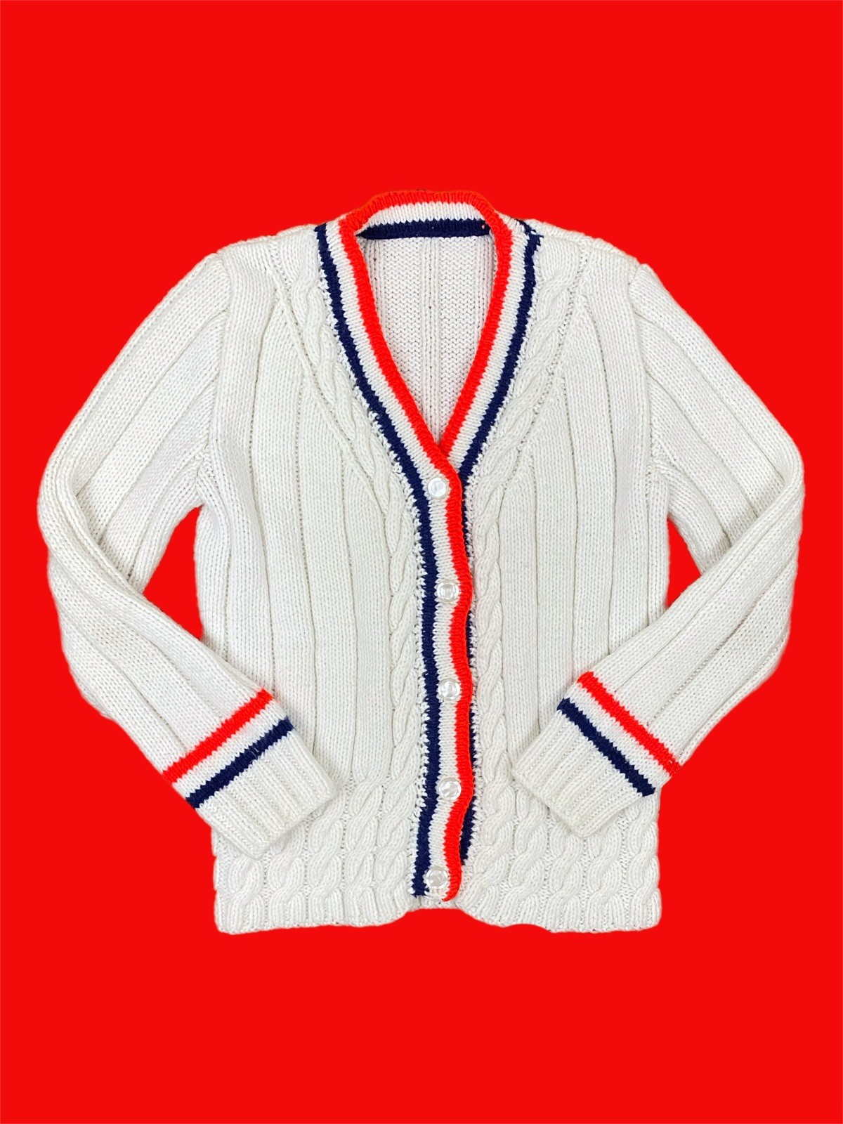 1970s Handmade Acrylic Thick Knit Cardigan Sweater in Red White and Blue