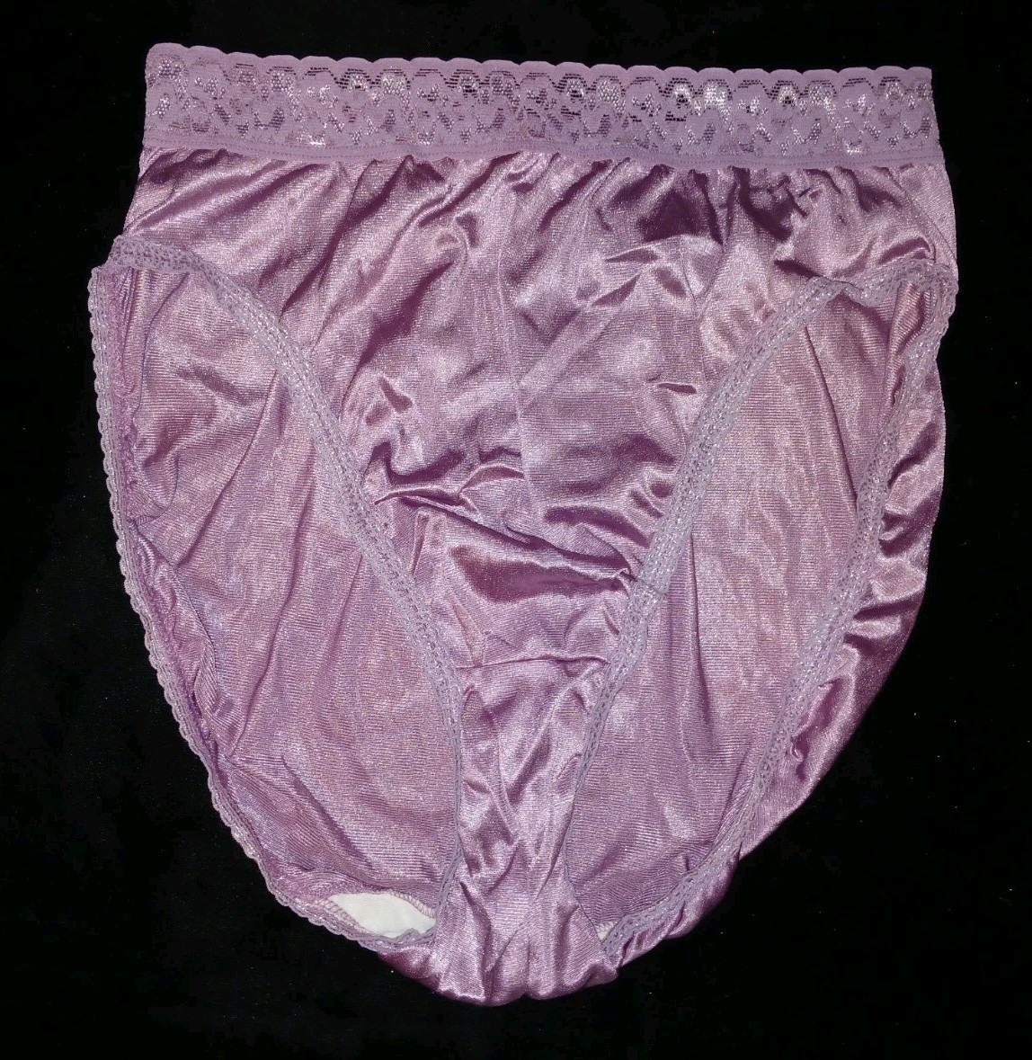 Vintage Hanes Purple Satin Nylon Silky Floral Lace Hi-Cut Brief Panties M 8 EUC