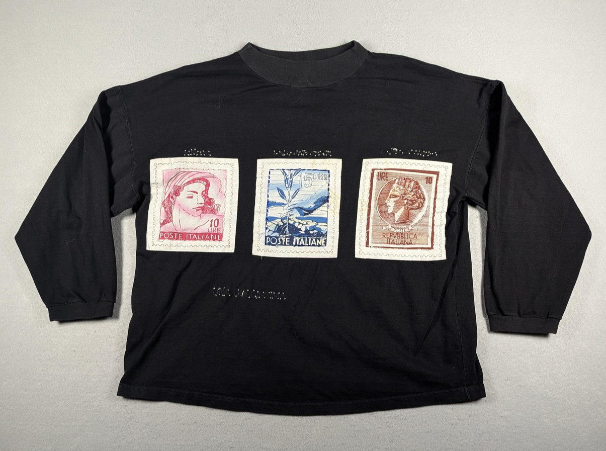 Vintage Jou Jou Shirt Womens One Size Italian Postage Stamp Patch Art 90s Top