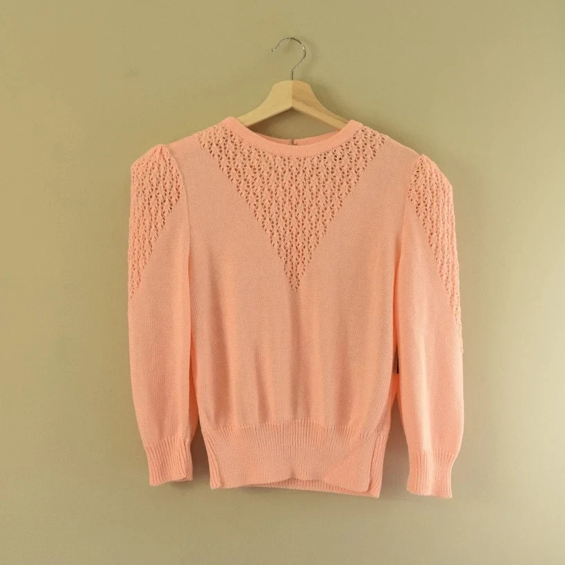 Peach colored vintage puff sleeve 80s does 40s open work knit sweater