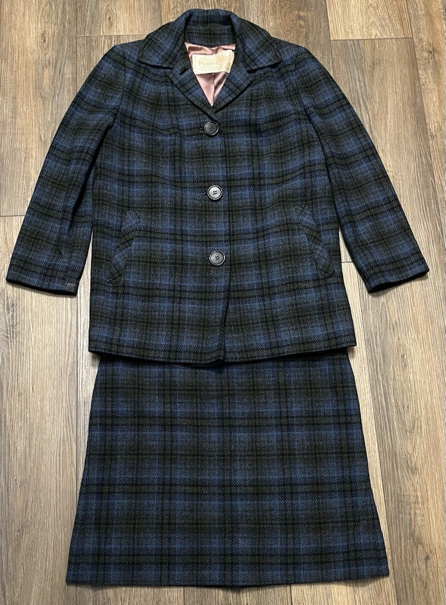 VTG 60s Pendelton 100% Virgin Wool Plaid Skirt Jacket Suit Set Mod Blue