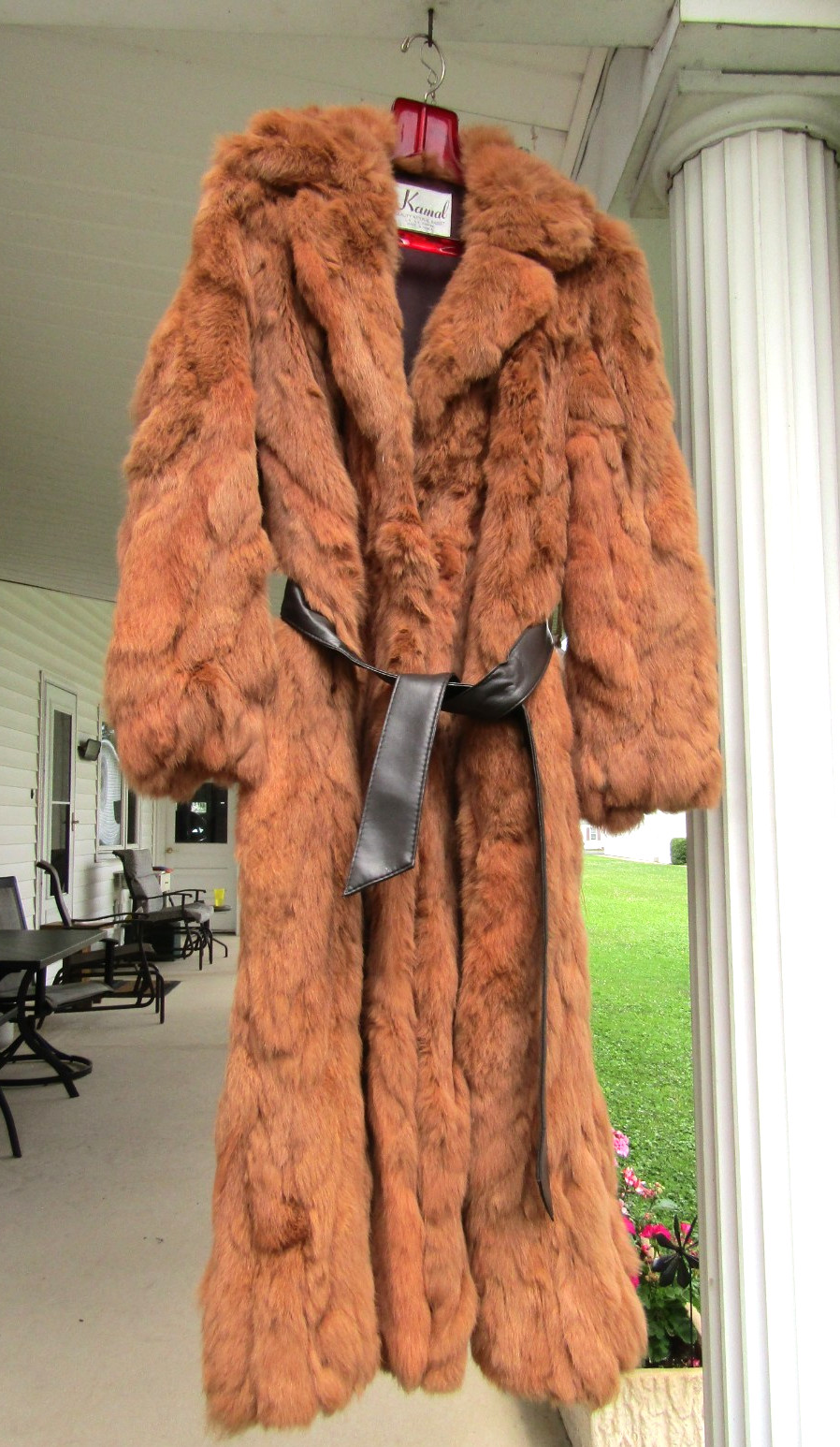 Vintage KAMAL Long Brown Rabbit Fur Wrap Ladies Satin Lined Belted Coat – Medium