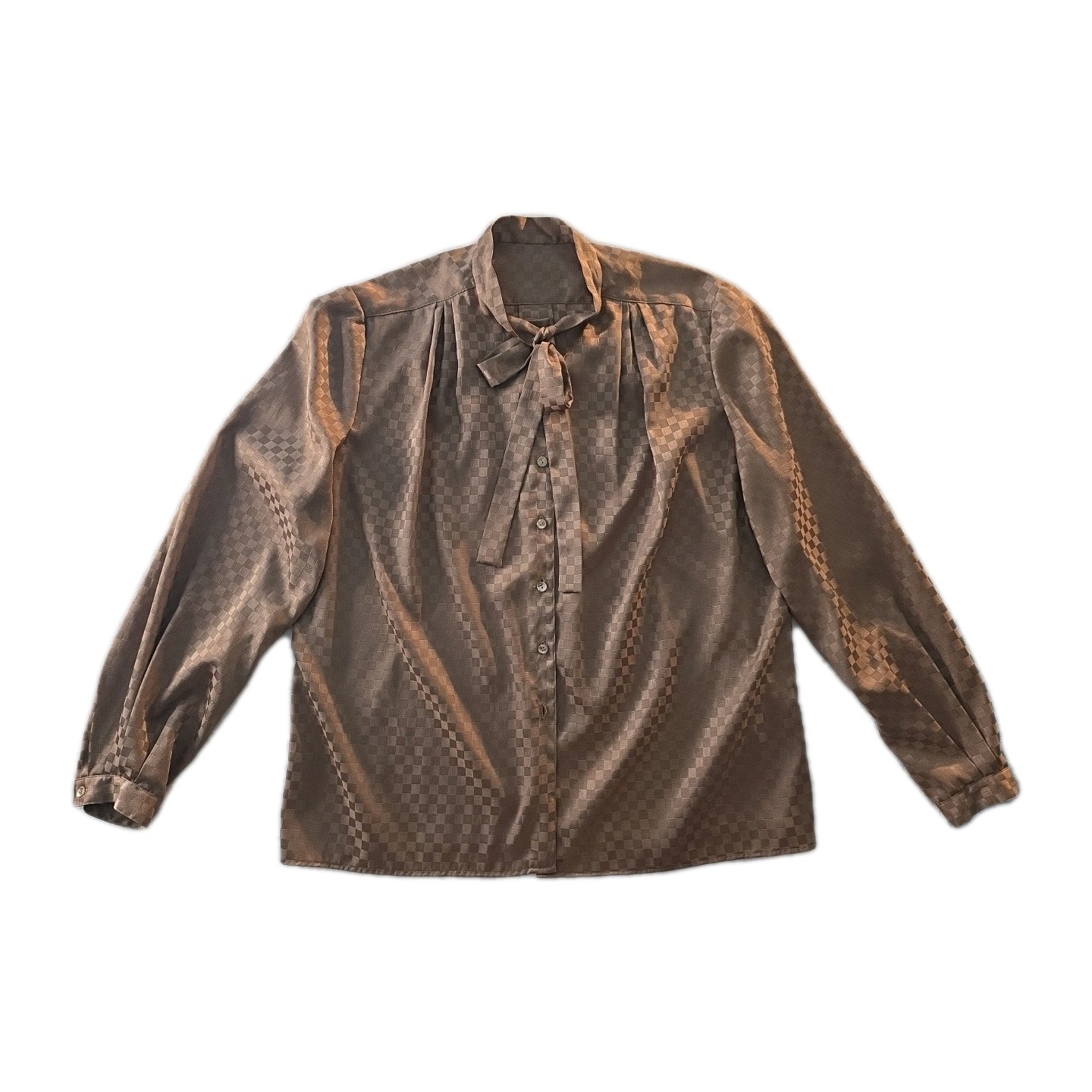 Vintage Matte & Shiny Gold Checkered Blouse With Tie – Size L