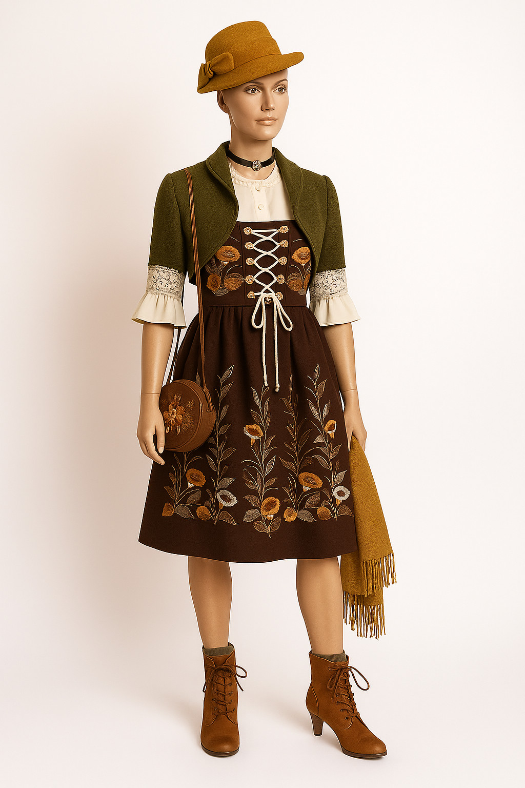 Vintage dirndl rose Salzburg brown embroidered with blouse bobbin lace size 42/44