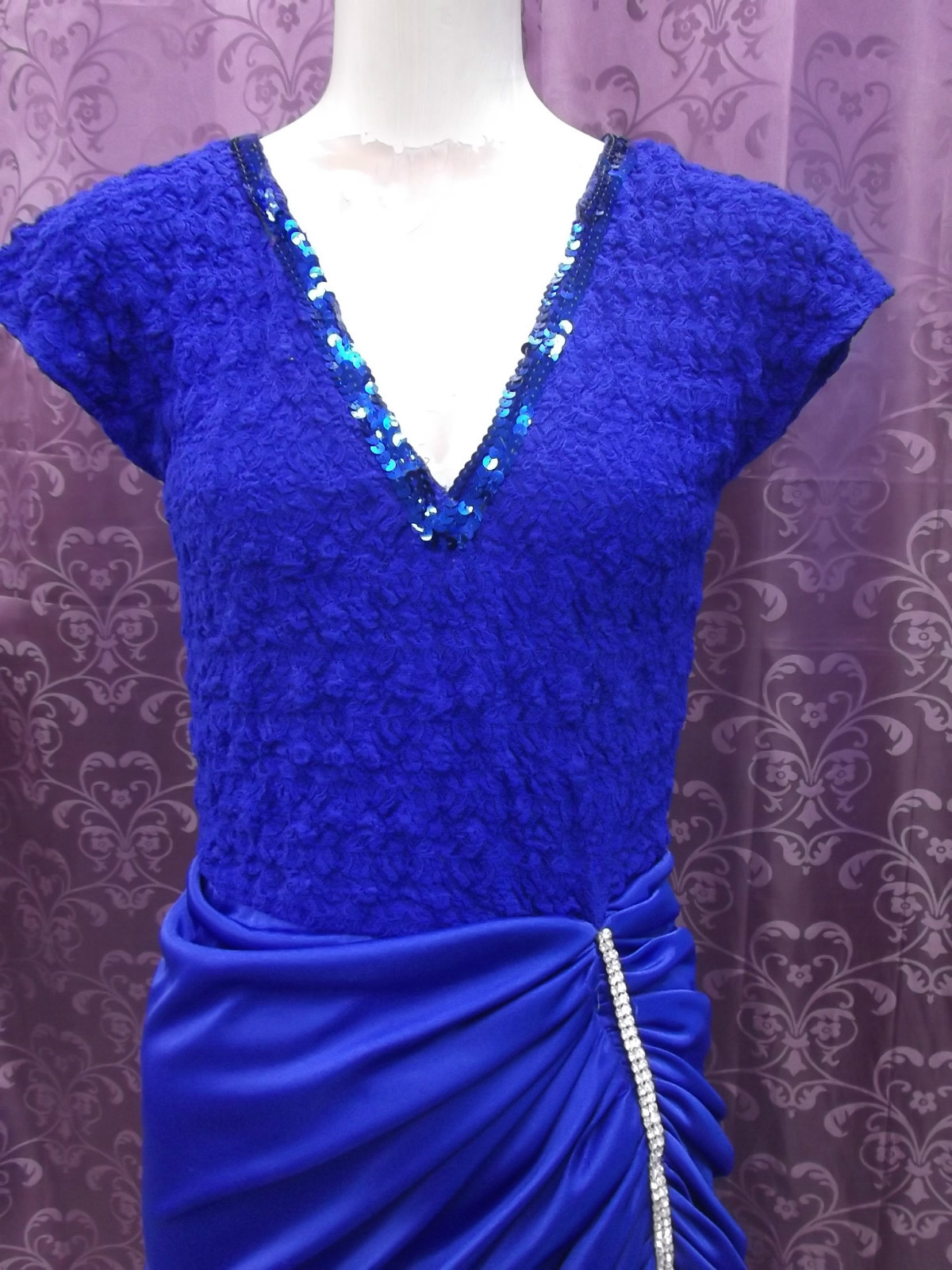 LOT 2 Dresses-70-80s Red Poly Wiggle & Royal Blue Wiggle w/ Rhinestones 36 24 38