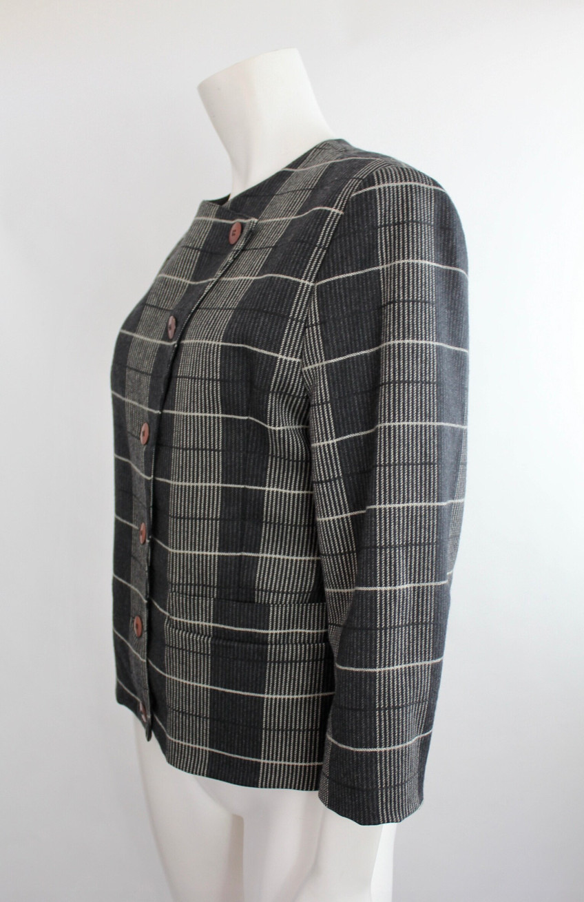 Vtg 80s Marimekko Grid Gray Wool Blazer Jacket Coat Checked Striped Retro 34 Eu