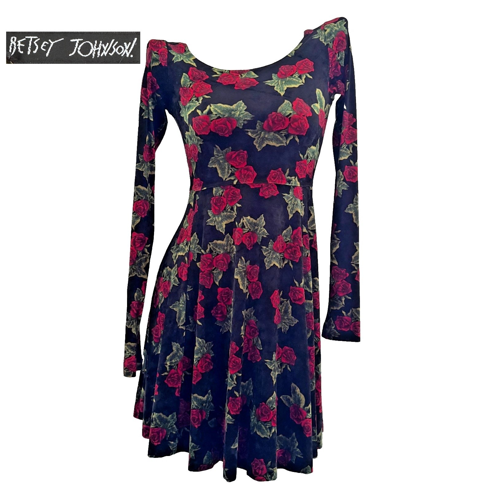 90s vtg BETSEY JOHNSON Crushed Stretch Black VELVET Red Rose Skater Dress USA S