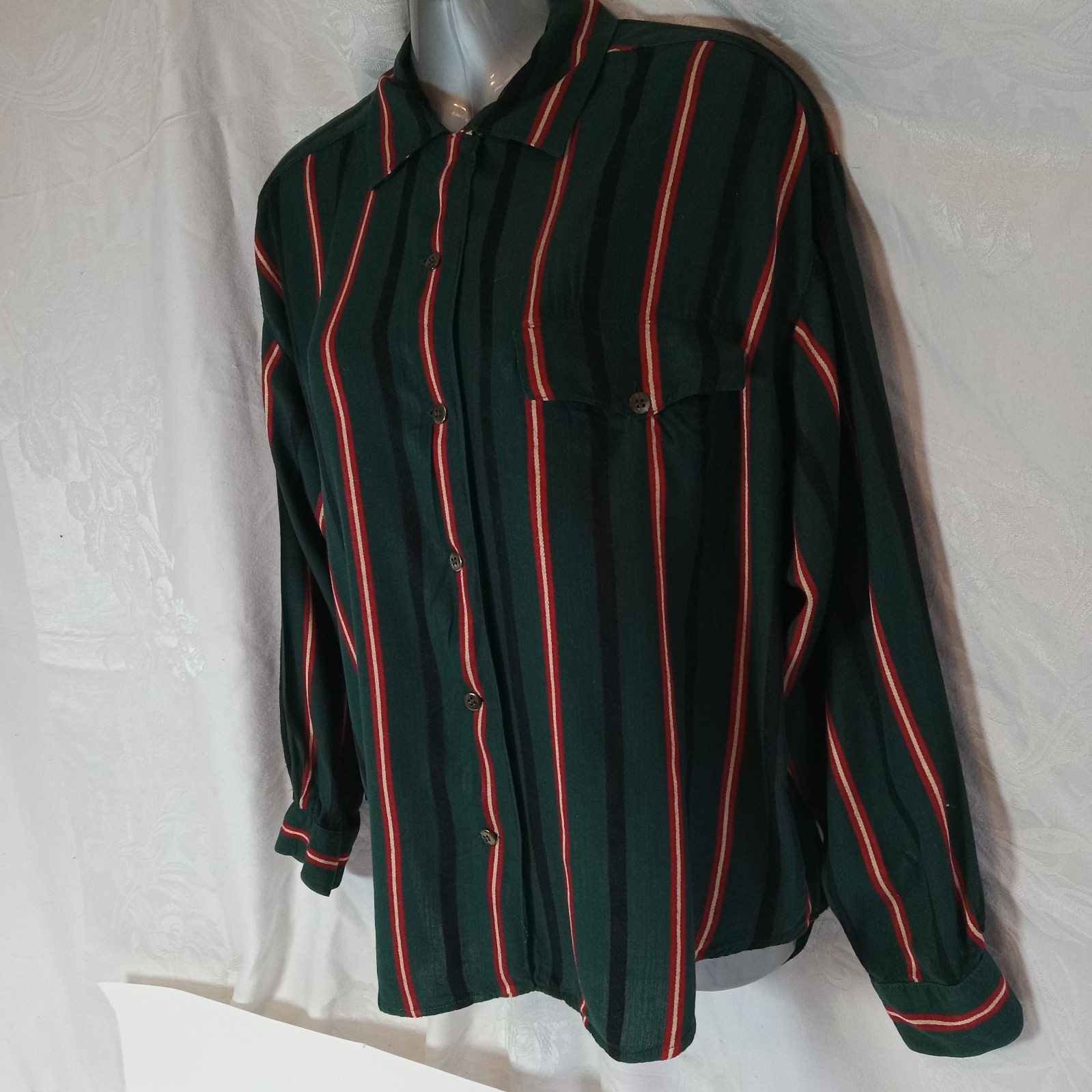 Esprit Women’s Shirt Button Down Green Red Stripe Preppy 1980s Size M Vintage