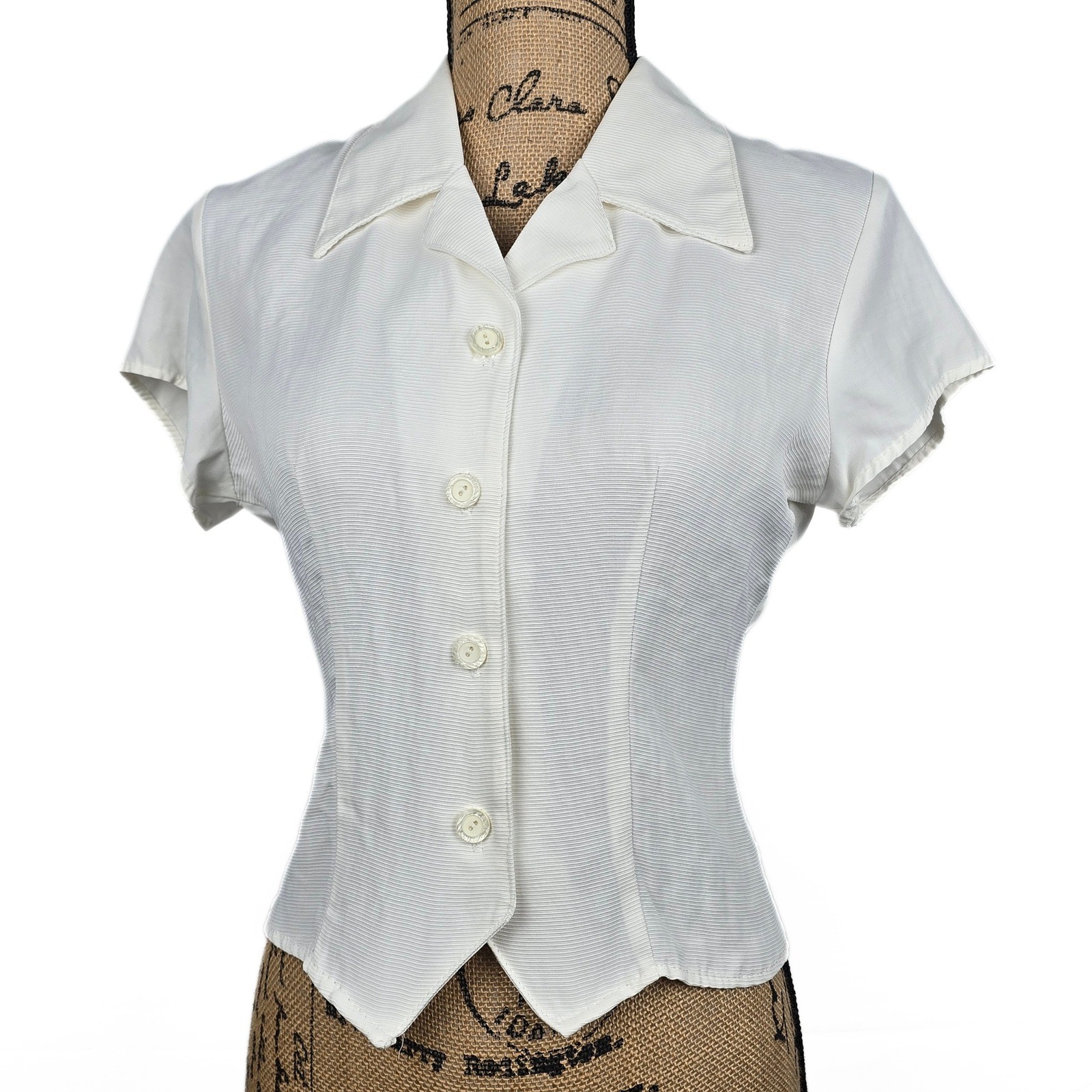 Vintage You Nique Off White Textured Button Up Blouse Waist Tie USA Medium