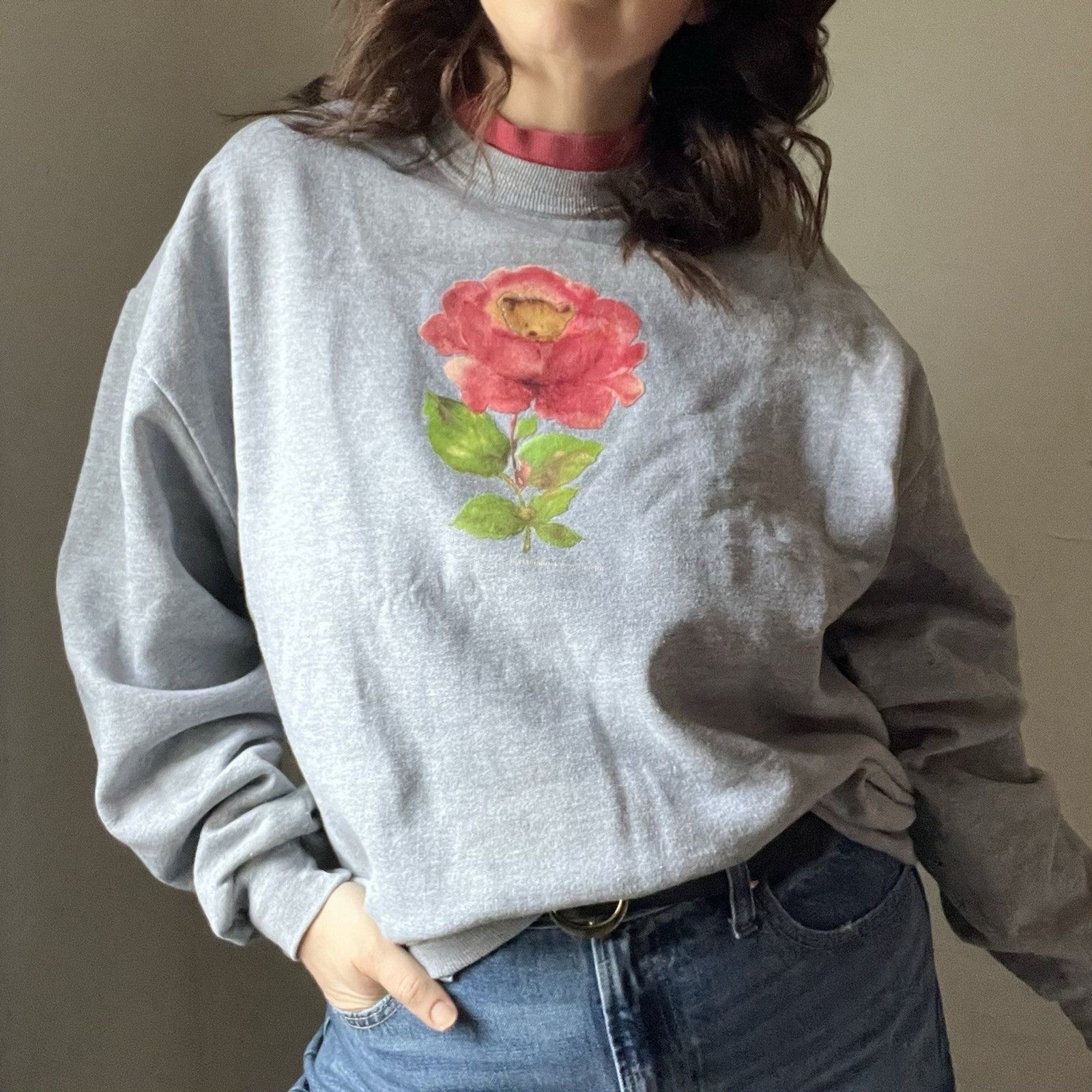Vintage 90s Morning Sun Teddy Bear Rose Sweatshirt Hallmark Grandma Cozy Size XL