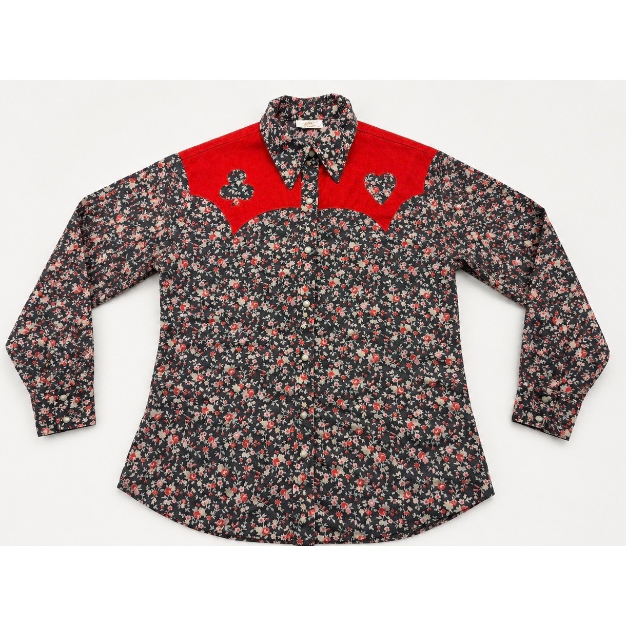 Vintage Lori Lynn Floral Western Pearl Snap Shirt Red Yoke Playing Card Suits M