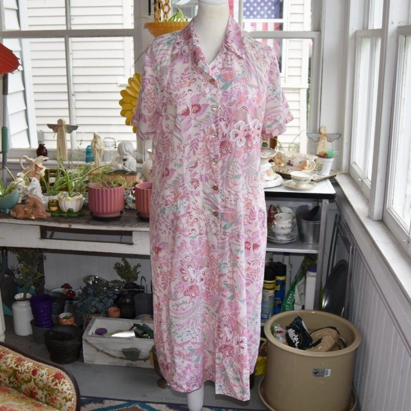 Vintage 70s Nancy Frock Pink Tropical Floral House Dress Caftan L XL