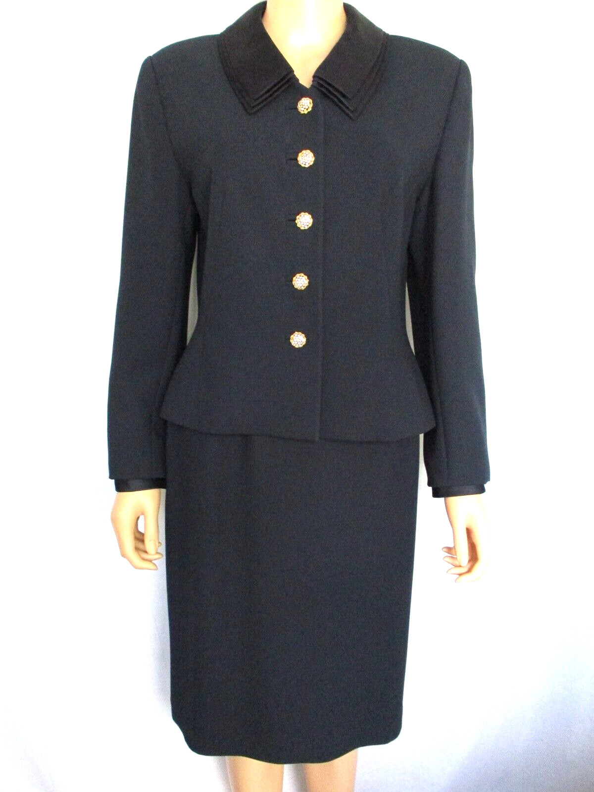 Vintage Albert Nipon Suit Size 10 Black Gold Rhinestone Buttons Removable Collar
