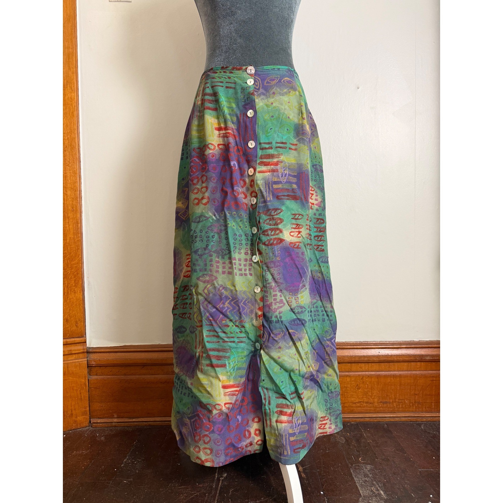 Rexx Ltd Vintage Abstract Geometric Button flowy Maxi Skirt boho euro summer M