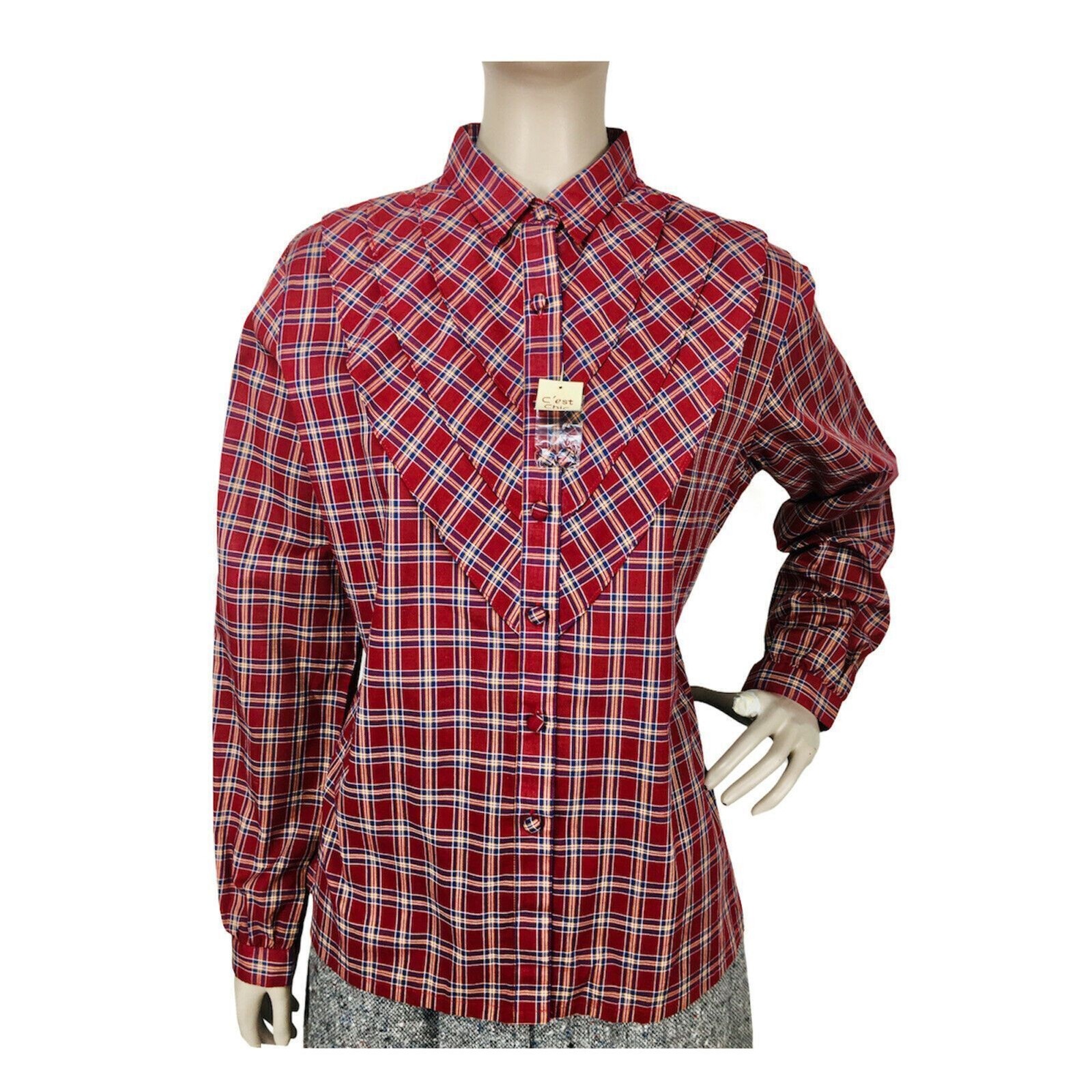 Vintage 80s Boho Western Cowgirl Plaid Ruffle Front Button-Down Blouse NEW