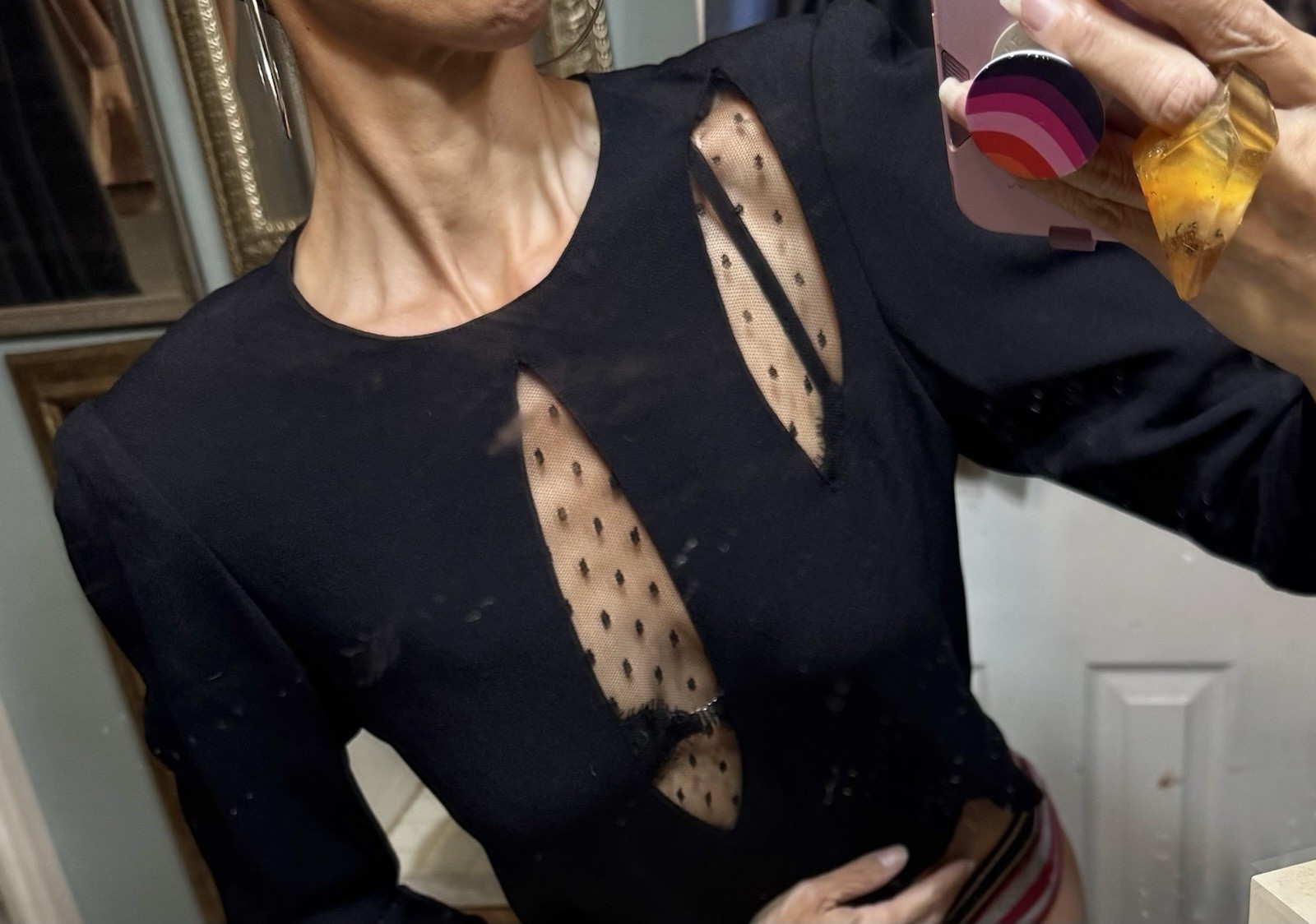 Sonia Rykiel France Black Peep Plunge Sexy Netting Rhinestones LS Blouse Top S