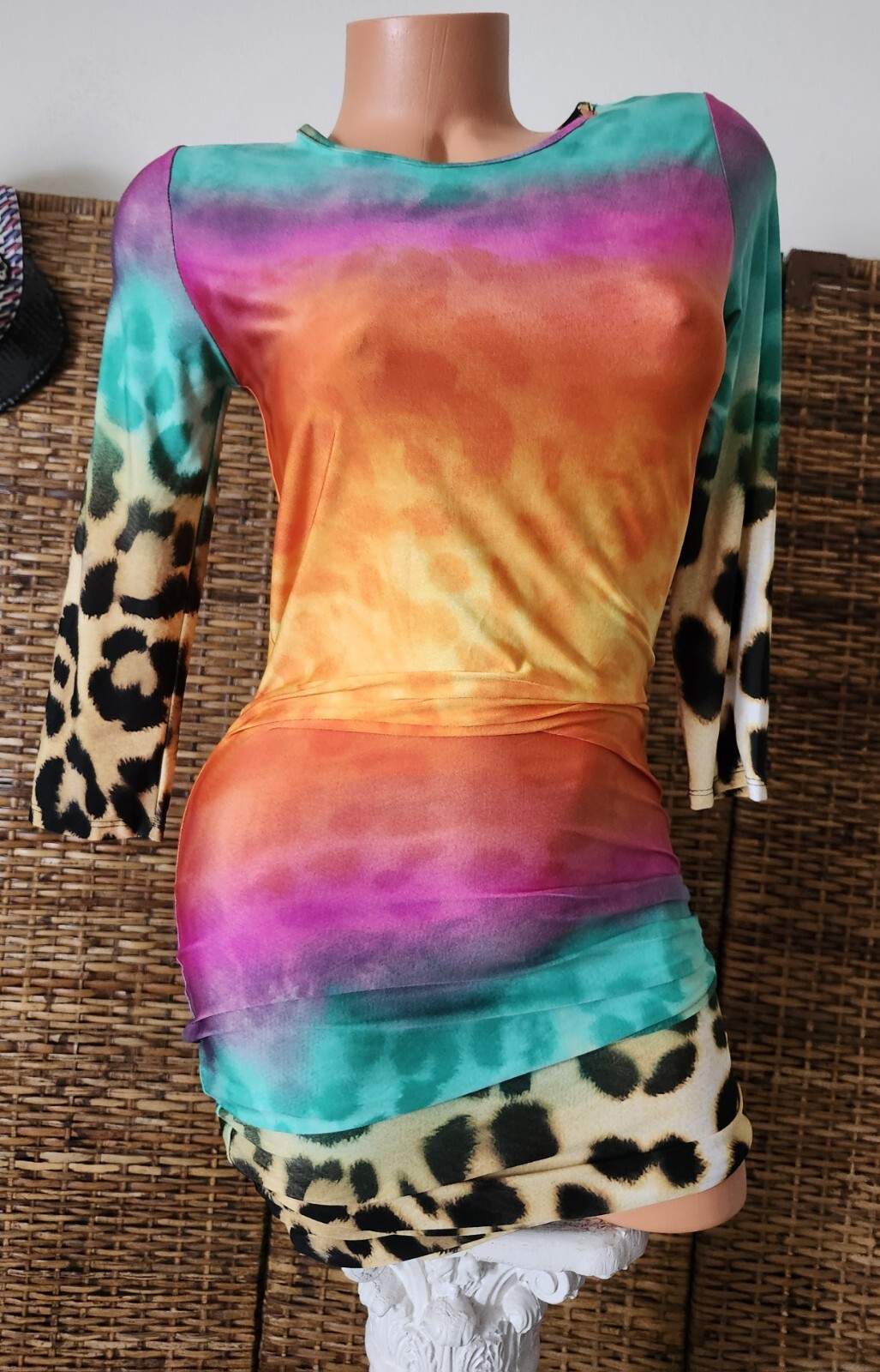 Vintage Audition Y2K Sunset Jungle Rainbo Stretch Body Con Party Mini Dress Sz M