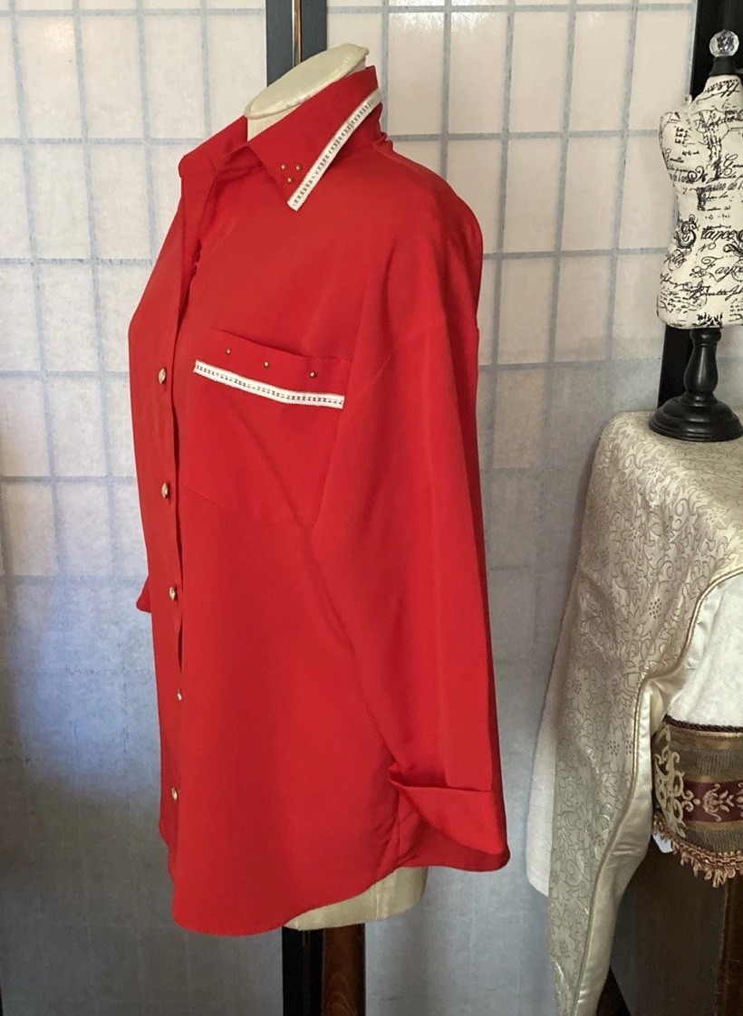 Seville VTG 80s Wom 10 Red Satin Blouse Beaded w/Trims 3/4 Cuff Sleeves GORGEOUS