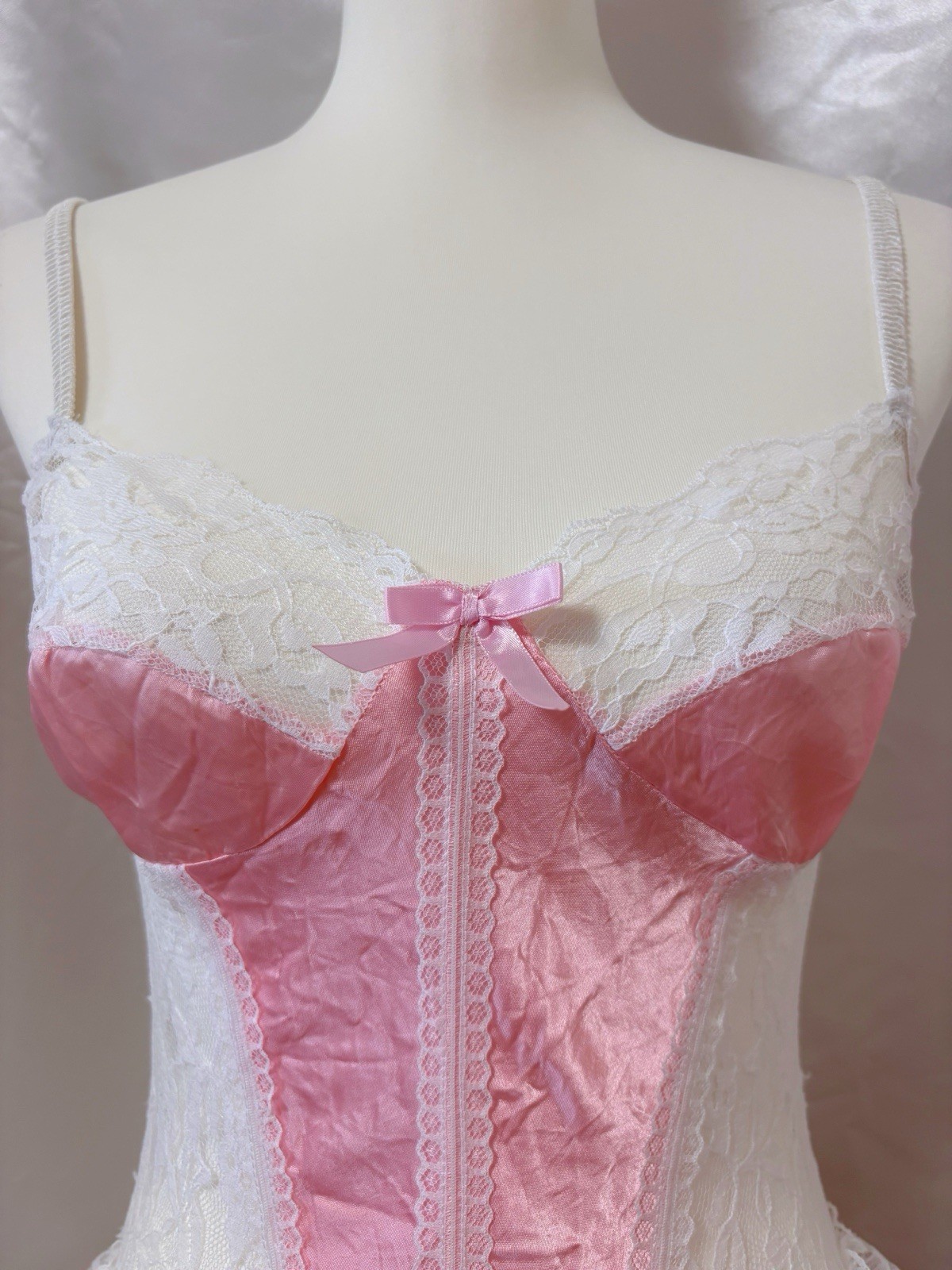 Vintage 80s Lace Pink White Lingerie Teddy Nightgown Romper Bodysuit USA Kawaii
