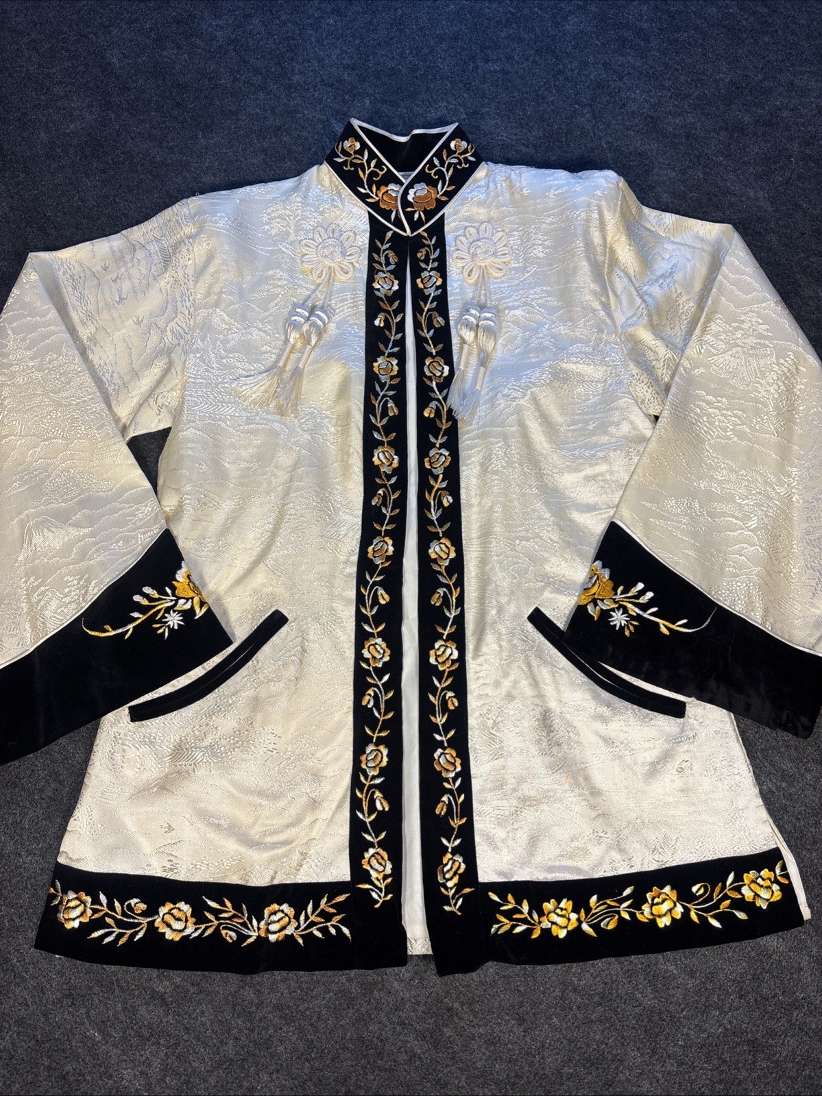 50’s Women’s Korean Jacket Silk Jacquard Black ~ Cream Orange ~ White Flowers