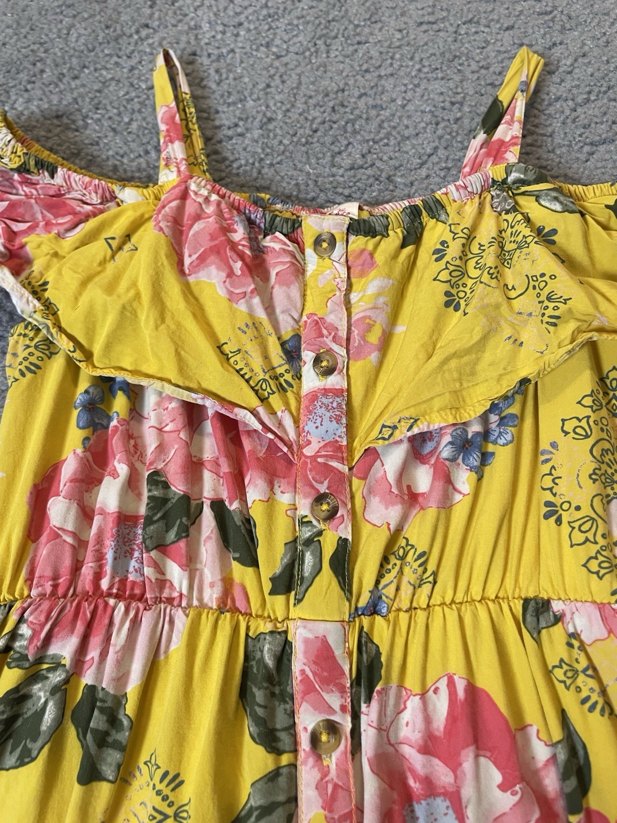 Vtg 90s JUSTICE Floral Midi Dress Juniors 10 Off The Shoulder Yellow Pink Boho
