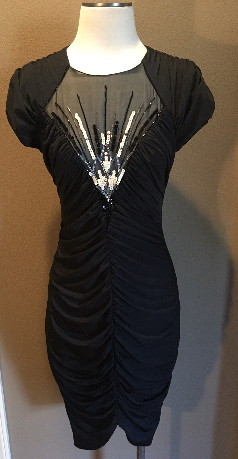 Vintage Dovizia 6 Black Ruched W Dress Beaded Bodice & Key Hole Back