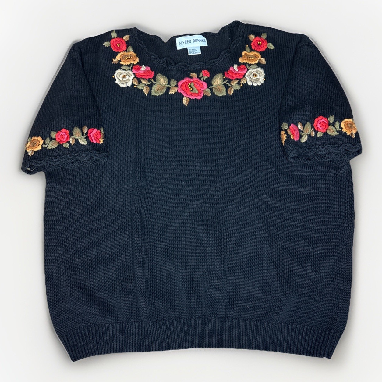 Vtg Alfred Dunner Floral Embroidered Knit Sweater Short Sleeve Grannycore L