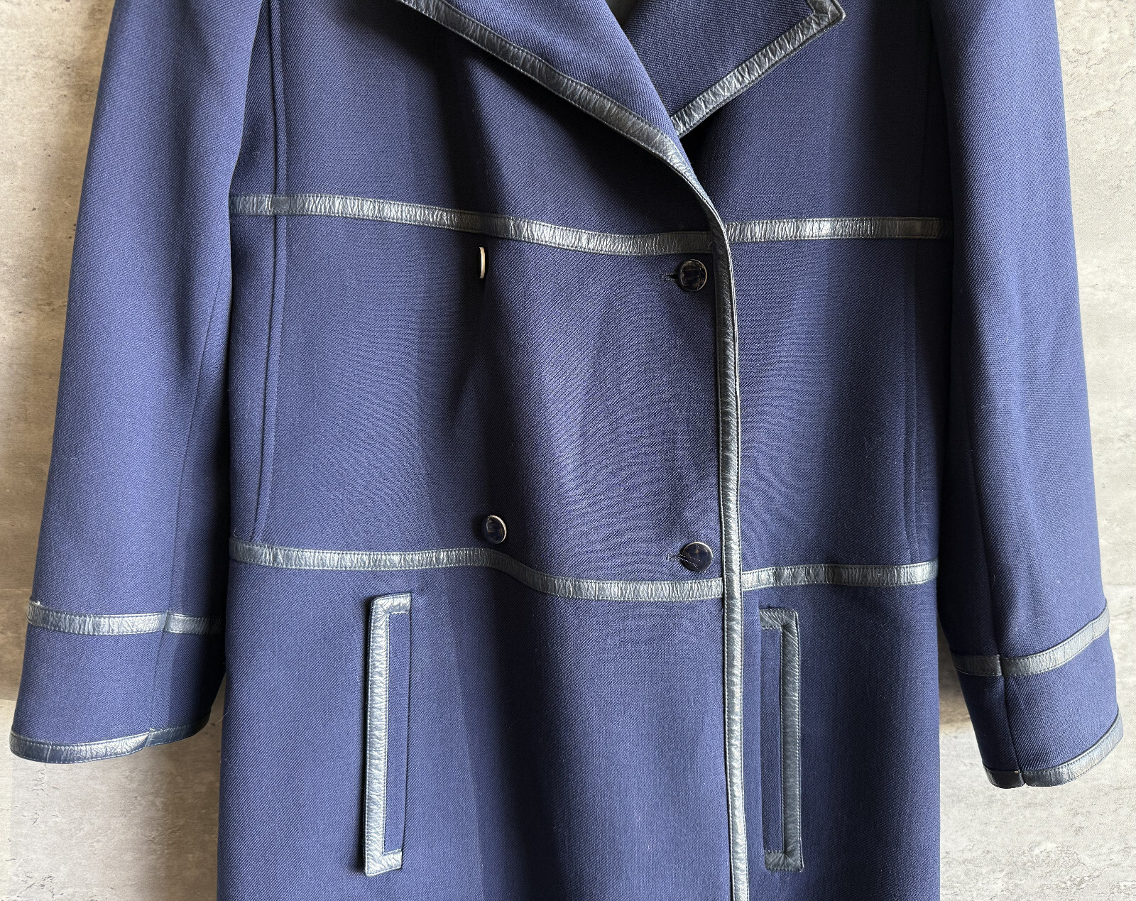 Vintage 1970s Courreges Paris Navy Blue Wool Blend Double-Breasted Coat Size 0