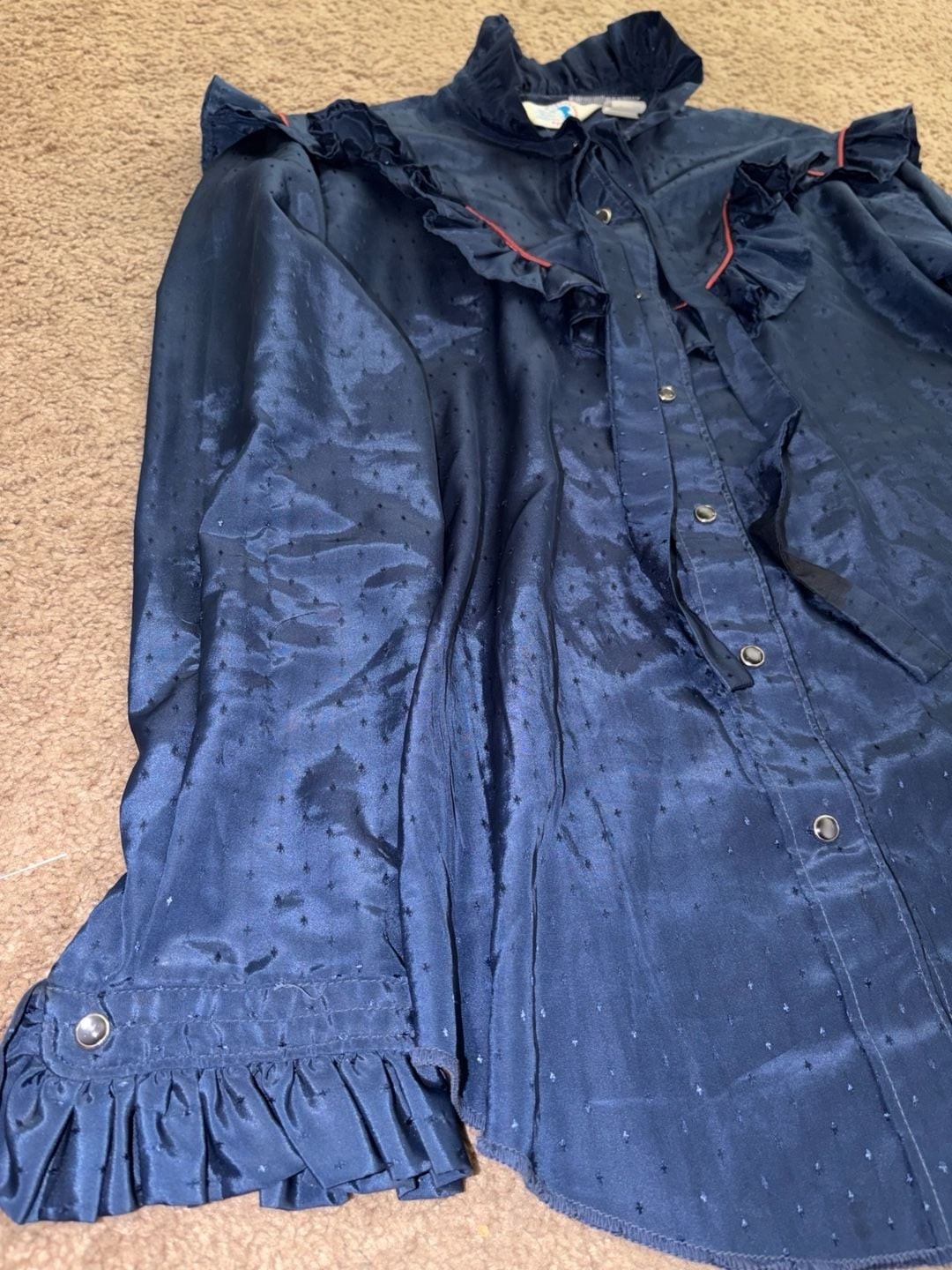 Vintage Miss Rodeo America Navy Blue Western Ruffle Snap-Button Blouse