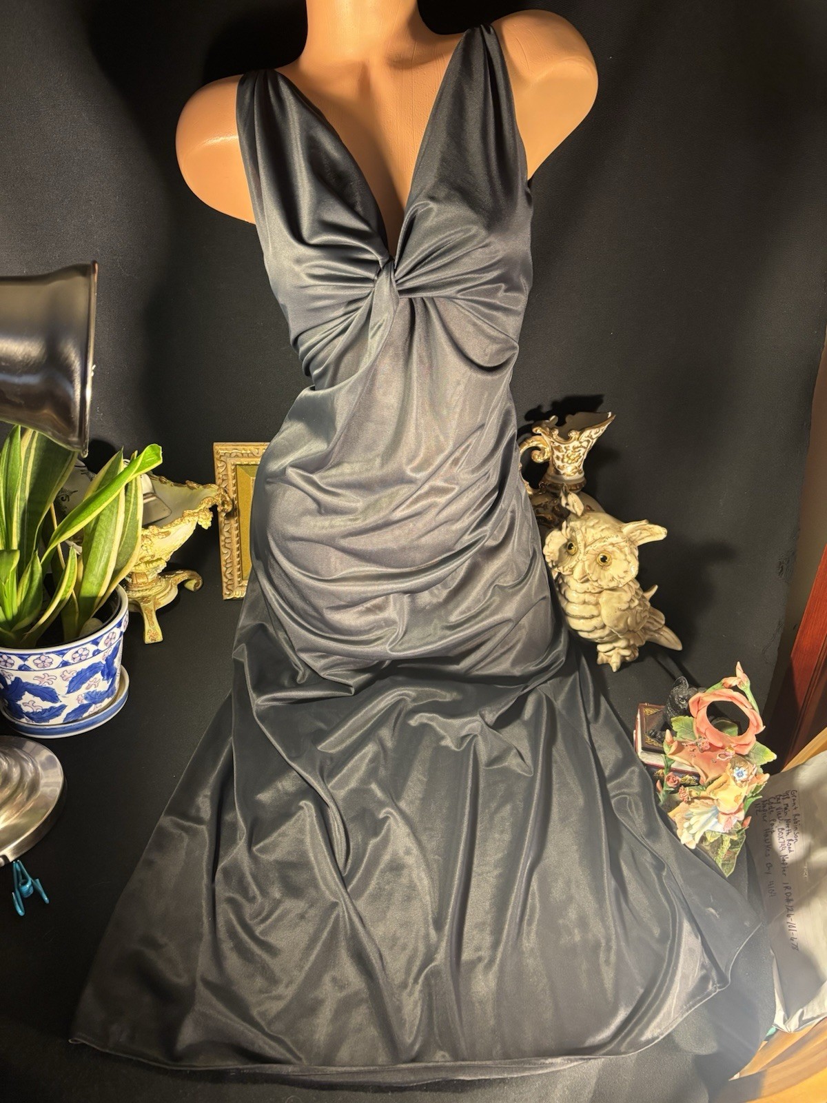 Vtg Silky Jet Black Wrap Bodice Frosted Shiny Long Gown Negligee Nightgown S