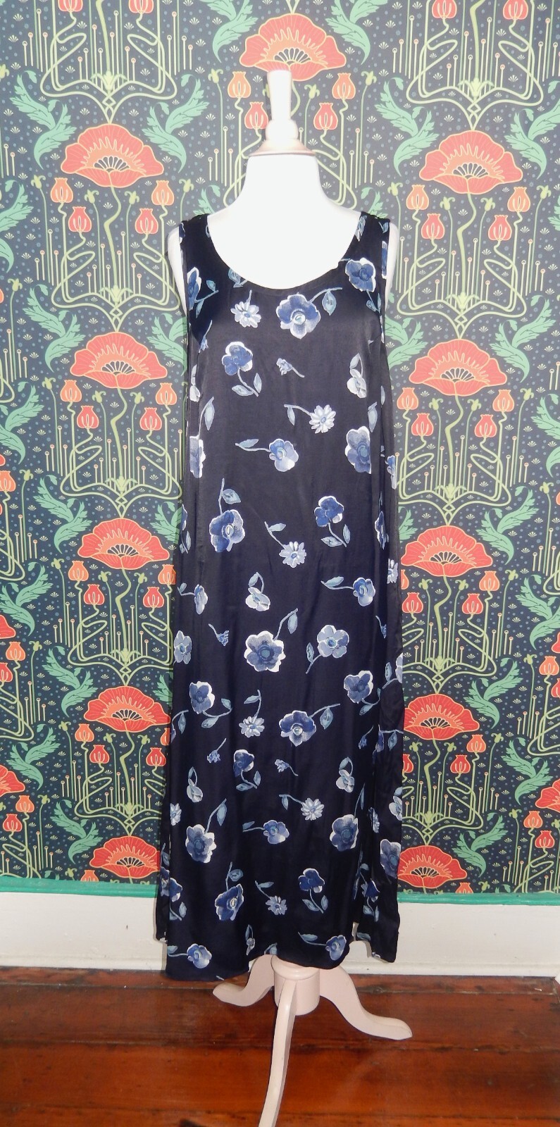 Vintage 90’s Y2K Navy Blue Floral Grunge Satin Maxi Sleeveless Dress