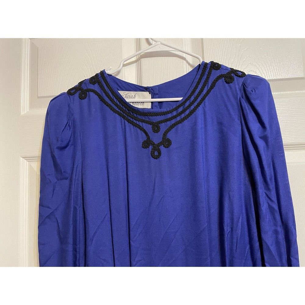 Vtg Sarah Elizabeth Sapphire Blue Long Dress Black Cord Detail Button Back Sz 12