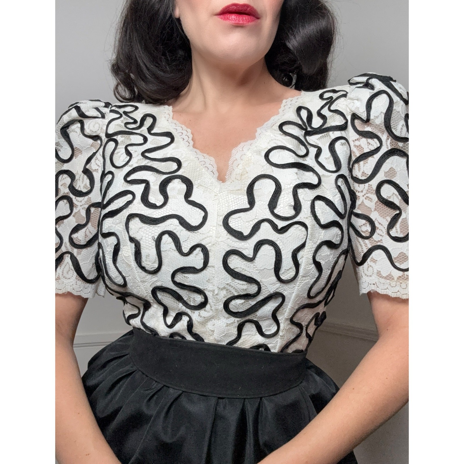 Small 1980s Vintage Black and White Lace Dress by Huey Waltzer for Darcy