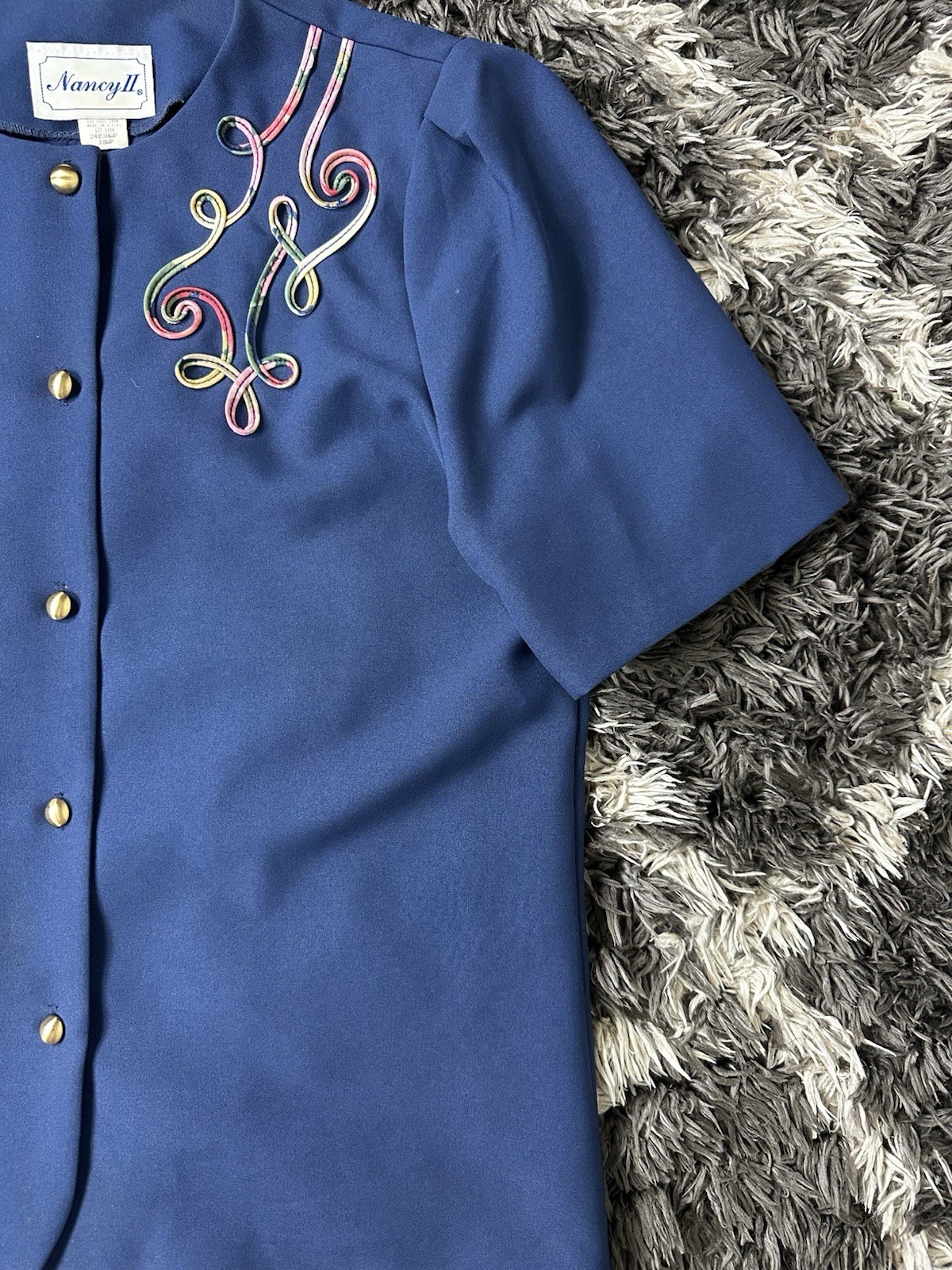 Vintage 90s Nancy II Blue Short Sleeve Button Blouse Jacket Embroidered 18WP